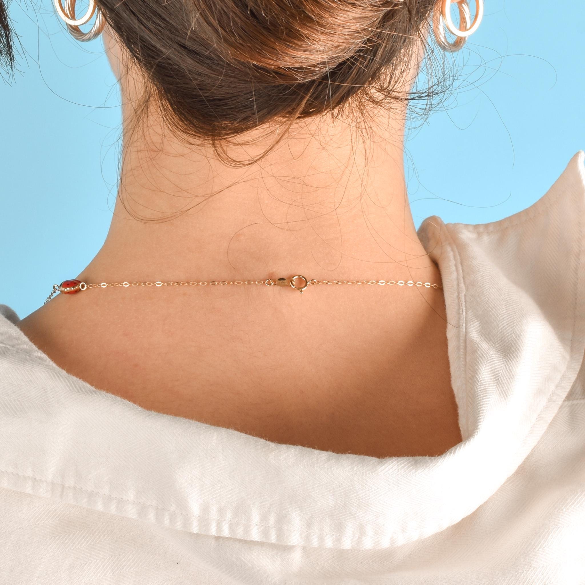 10K Gold Enamel Lady Bug Chain Necklace