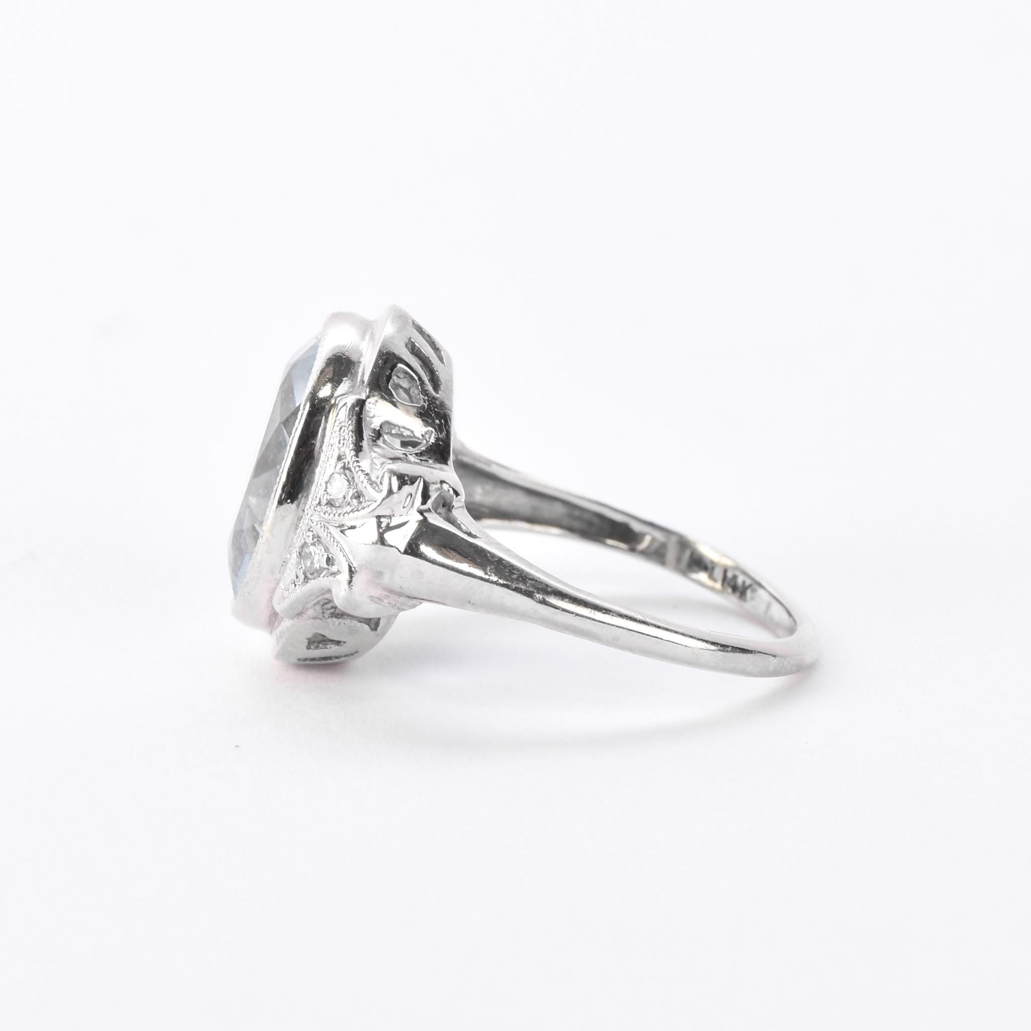 Art Deco Carved 14K Gold Aquamarine & Diamond Ring