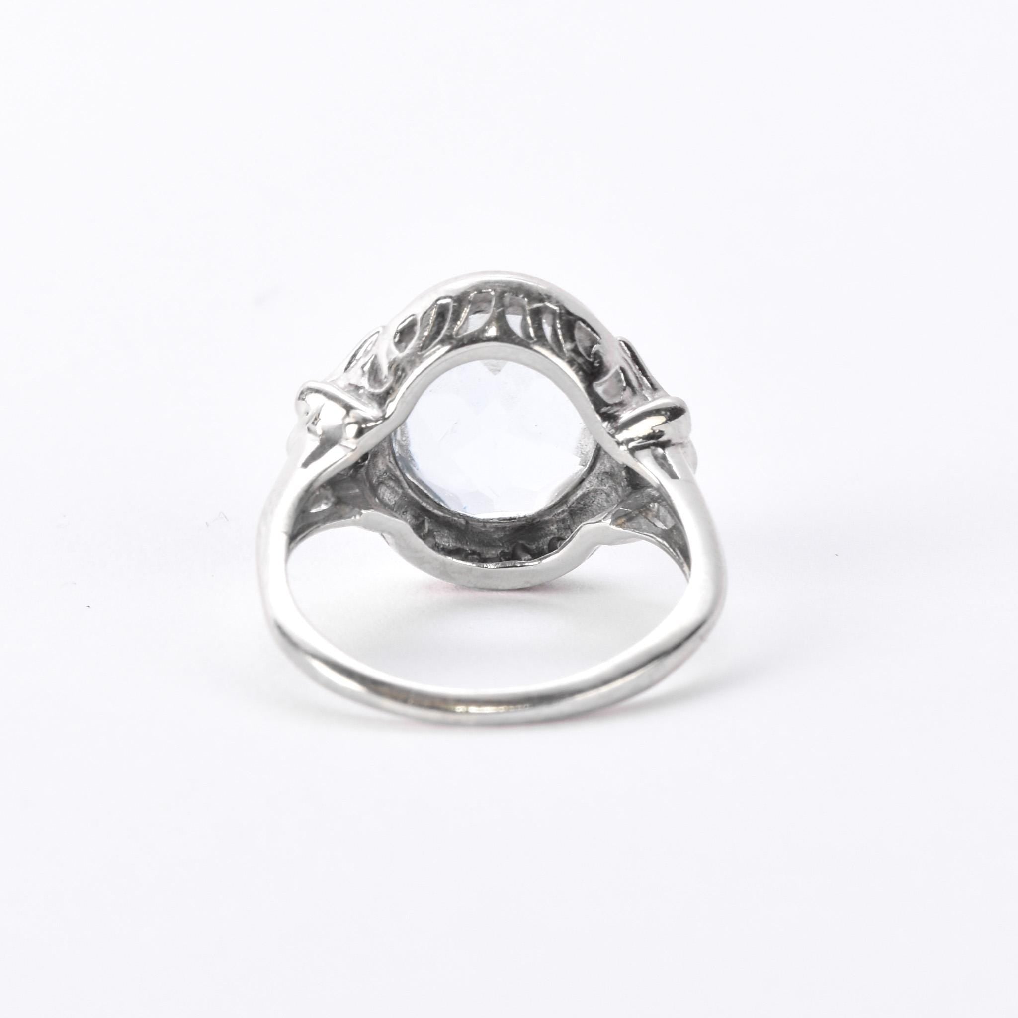 Art Deco Carved 14K Gold Aquamarine & Diamond Ring