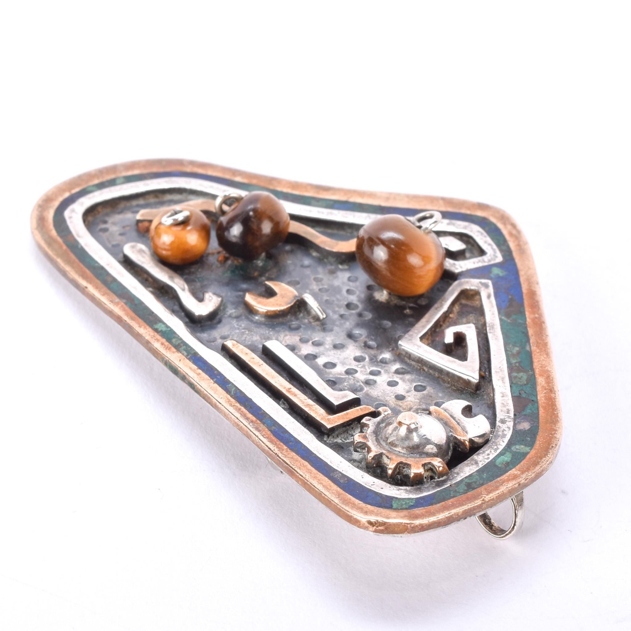 Taxco Sterling Silver, Brass, and Tigers Eye Abstract Brooch/Pendant