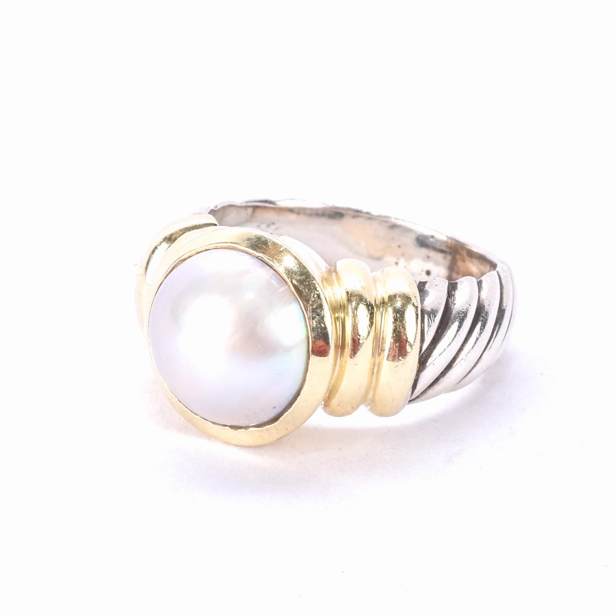 Vintage David Yurman 14K Gold & Sterling Silver Pearl Noblesse Ring