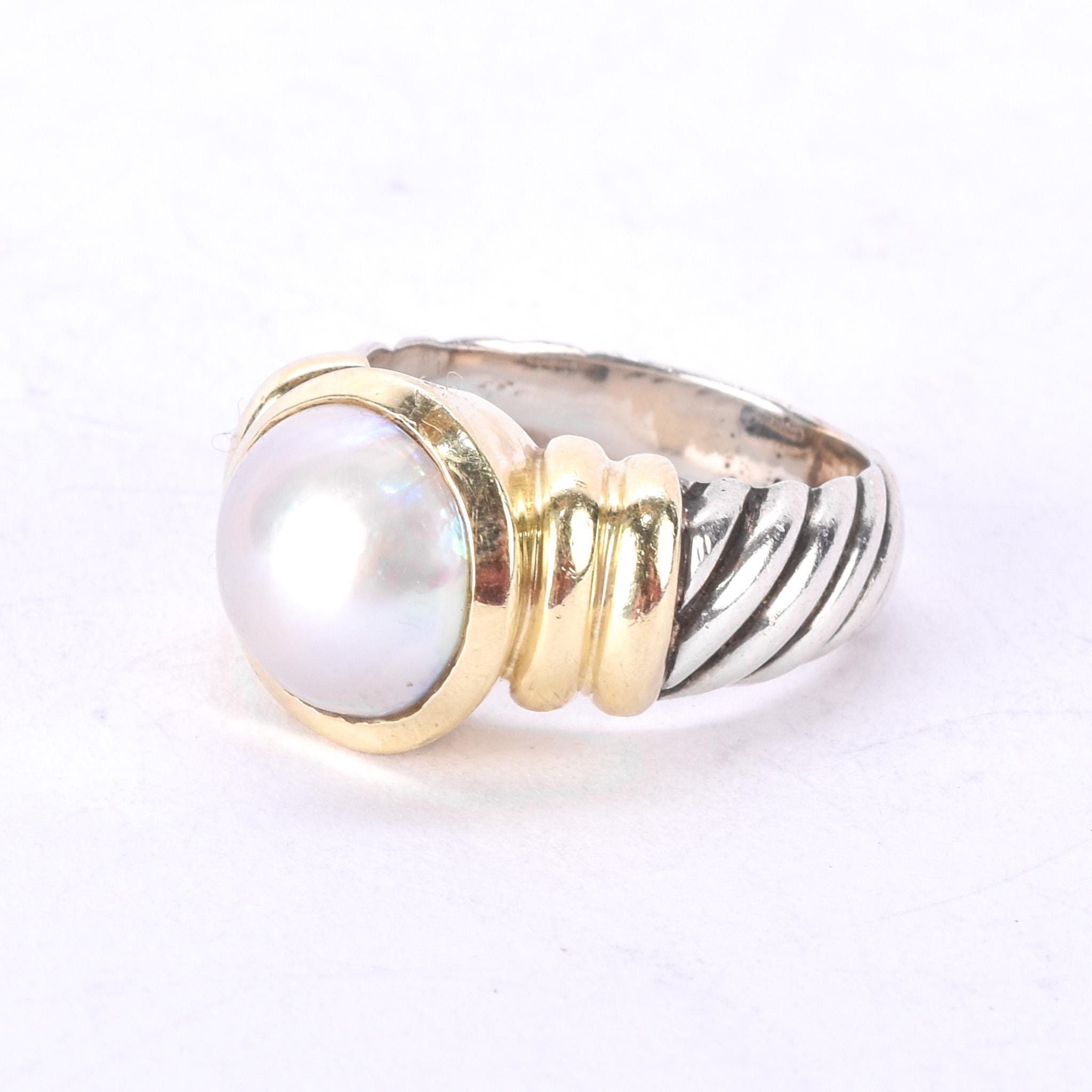 Vintage David Yurman 14K Gold & Sterling Silver Pearl Noblesse Ring
