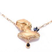 18K Gold Female Bust Pendant with Diamonds and Sapphires on Paperclip Chain