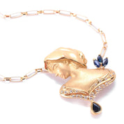 18K Gold Female Bust Pendant with Diamonds and Sapphires on Paperclip Chain