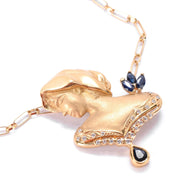 18K Gold Female Bust Pendant with Diamonds and Sapphires on Paperclip Chain