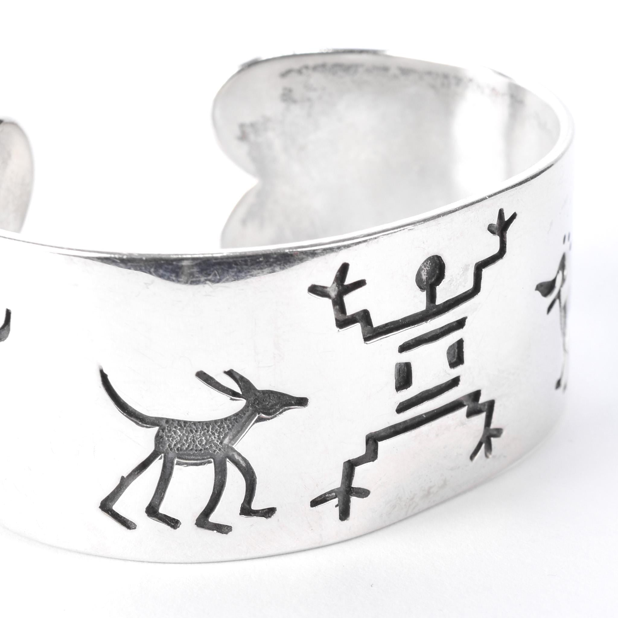 Signed Walt Doran Sterling Silver Petroglyph Storytelling Cuff Bracelet