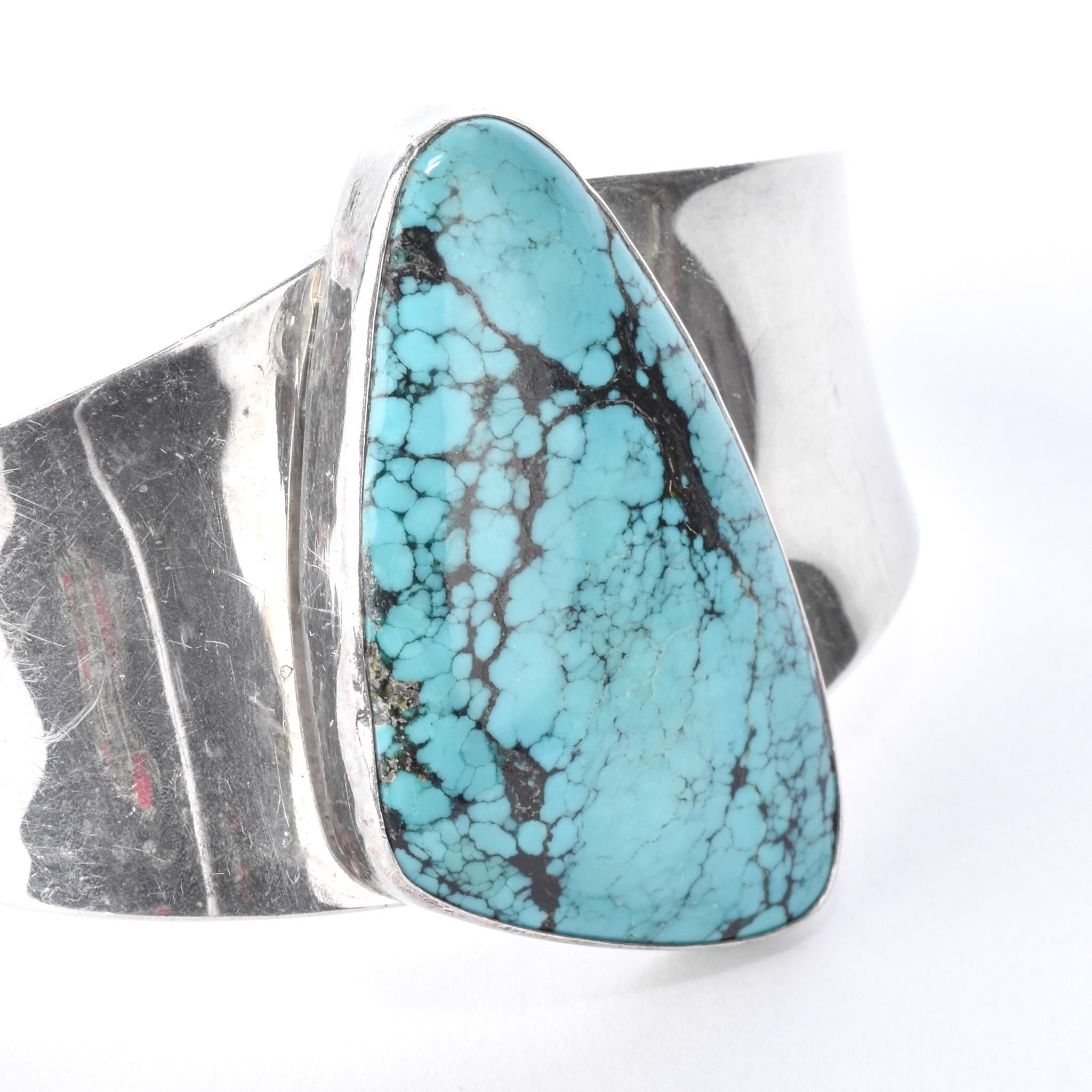 Navajo Sterling Silver Massive Solitaire Turquoise Cuff Bracelet