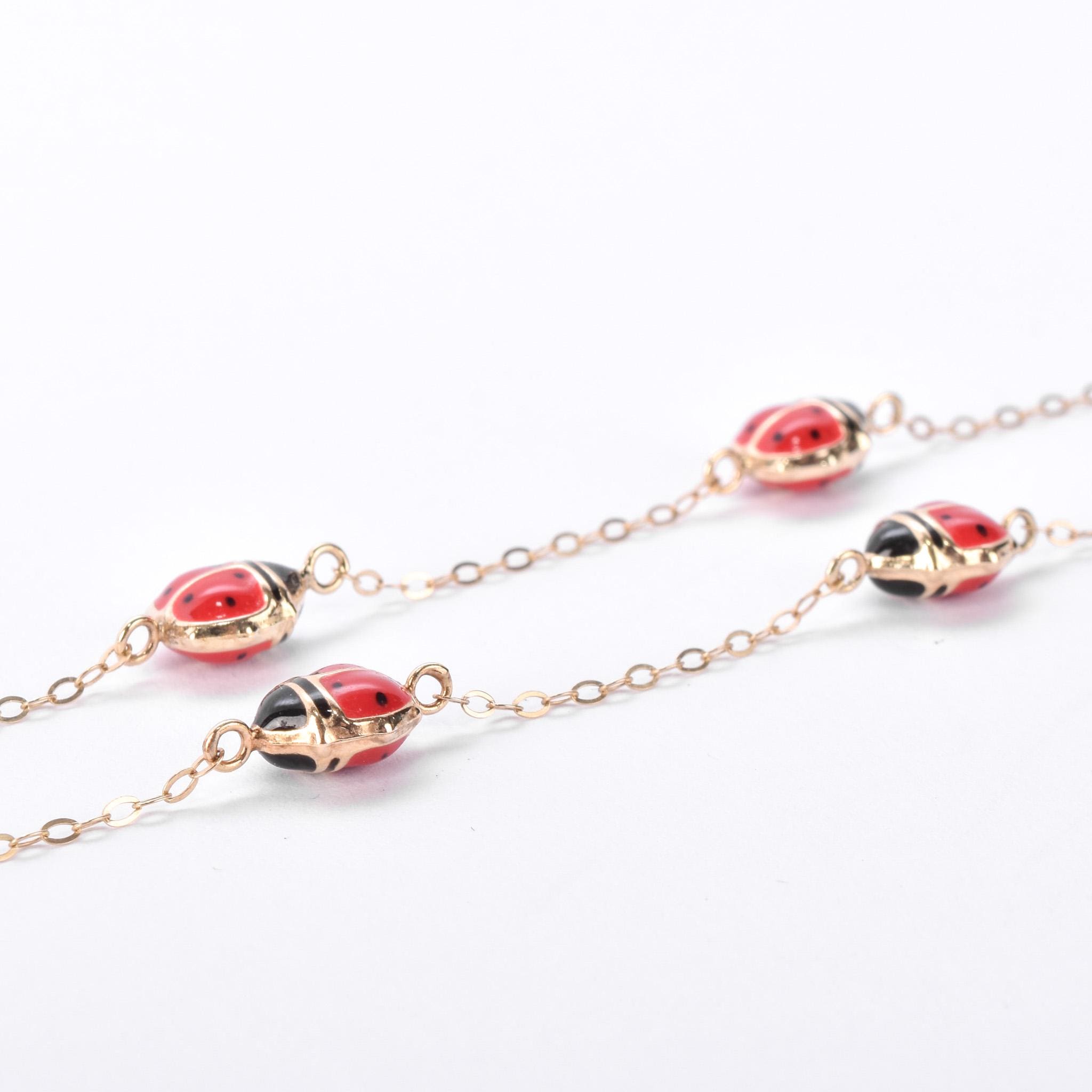 10K Gold Enamel Lady Bug Chain Necklace