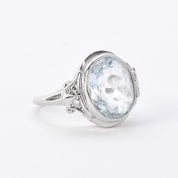 Art Deco Carved 14K Gold Aquamarine & Diamond Ring
