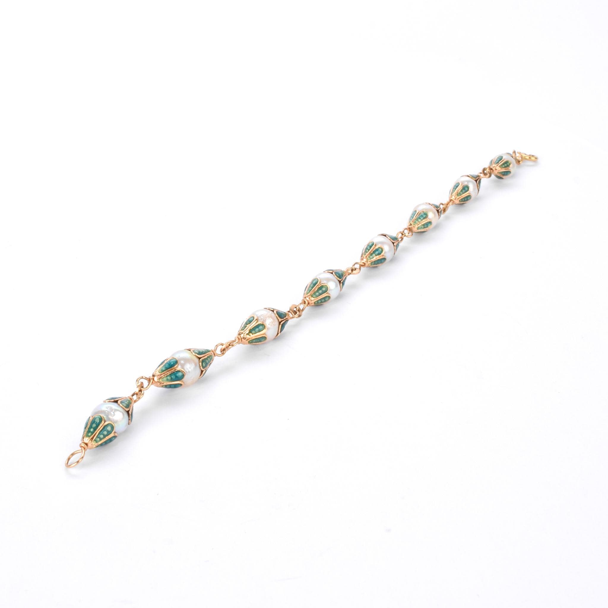 18K Gold & Green Enamel Petal Cupped Pearl Link Bracelet