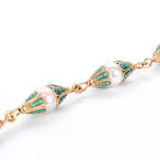18K Gold & Green Enamel Petal Cupped Pearl Link Bracelet