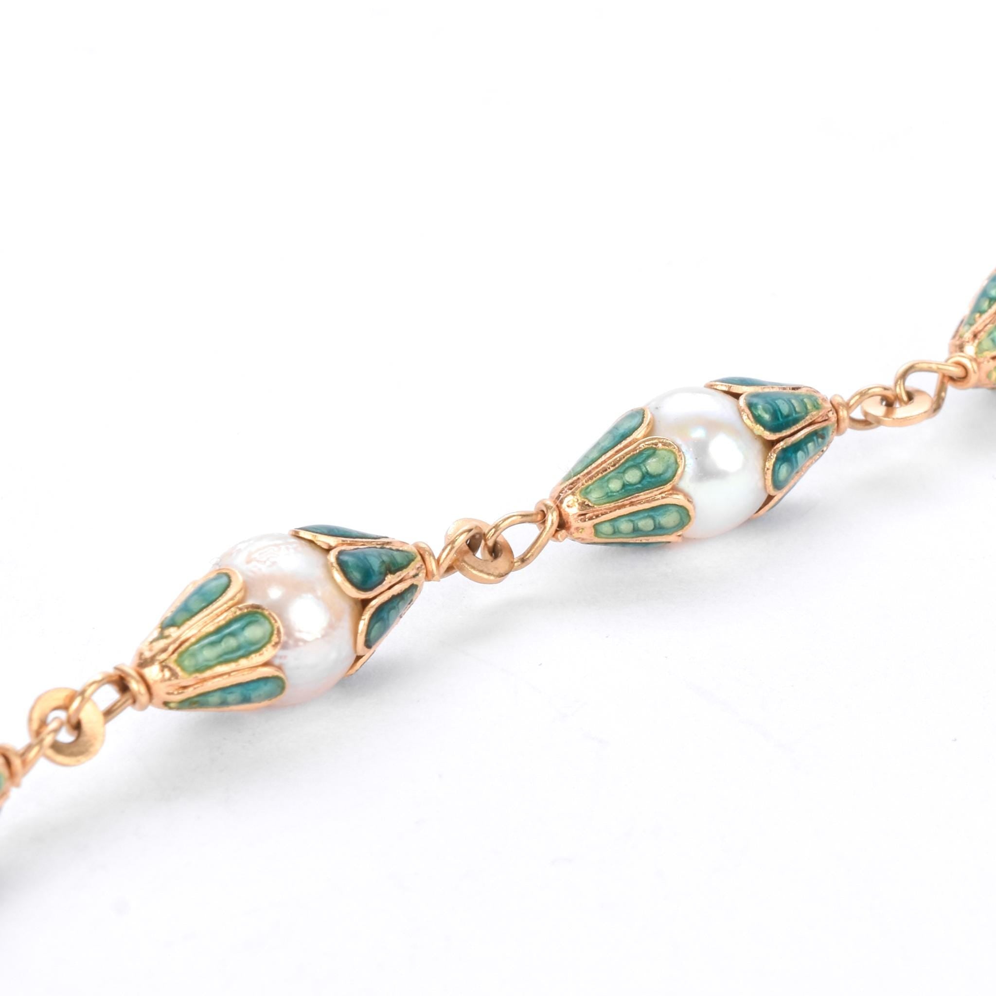 18K Gold & Green Enamel Petal Cupped Pearl Link Bracelet