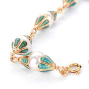 18K Gold & Green Enamel Petal Cupped Pearl Link Bracelet