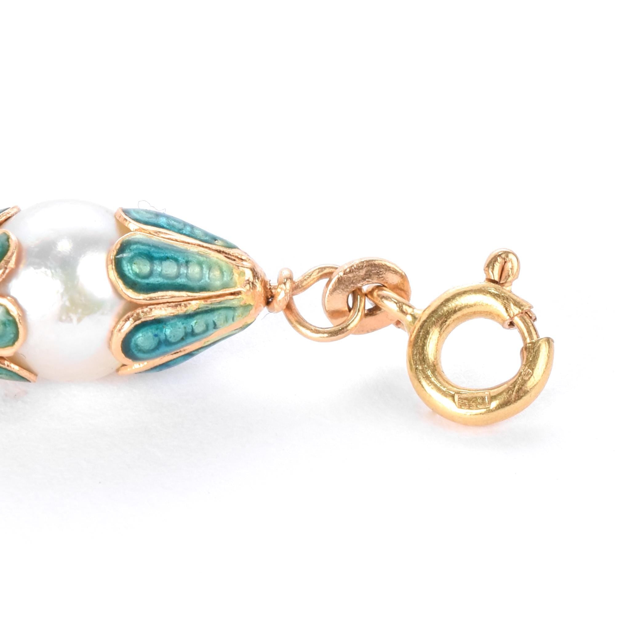 18K Gold & Green Enamel Petal Cupped Pearl Link Bracelet