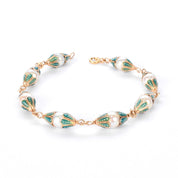 18K Gold & Green Enamel Petal Cupped Pearl Link Bracelet