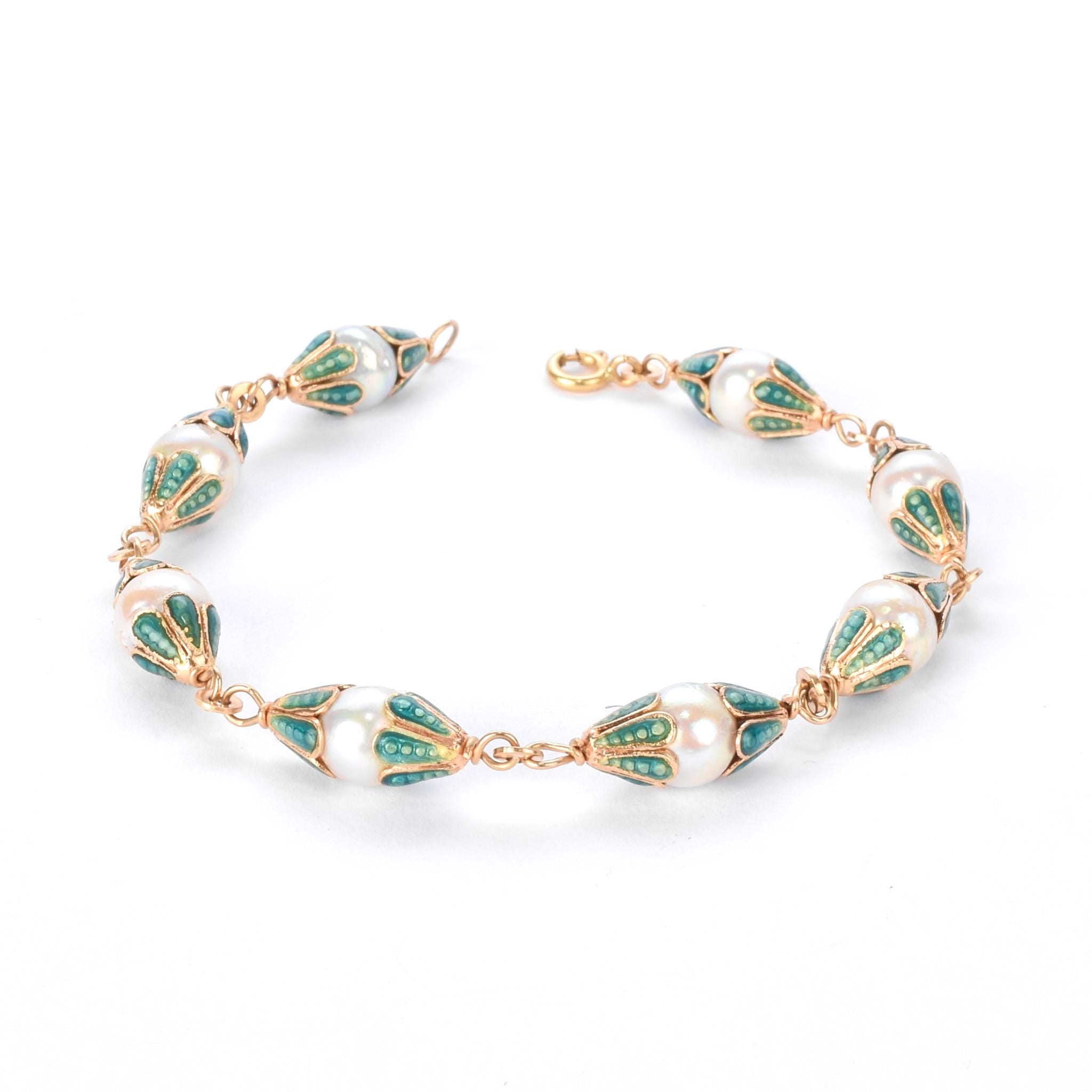 18K Gold & Green Enamel Petal Cupped Pearl Link Bracelet