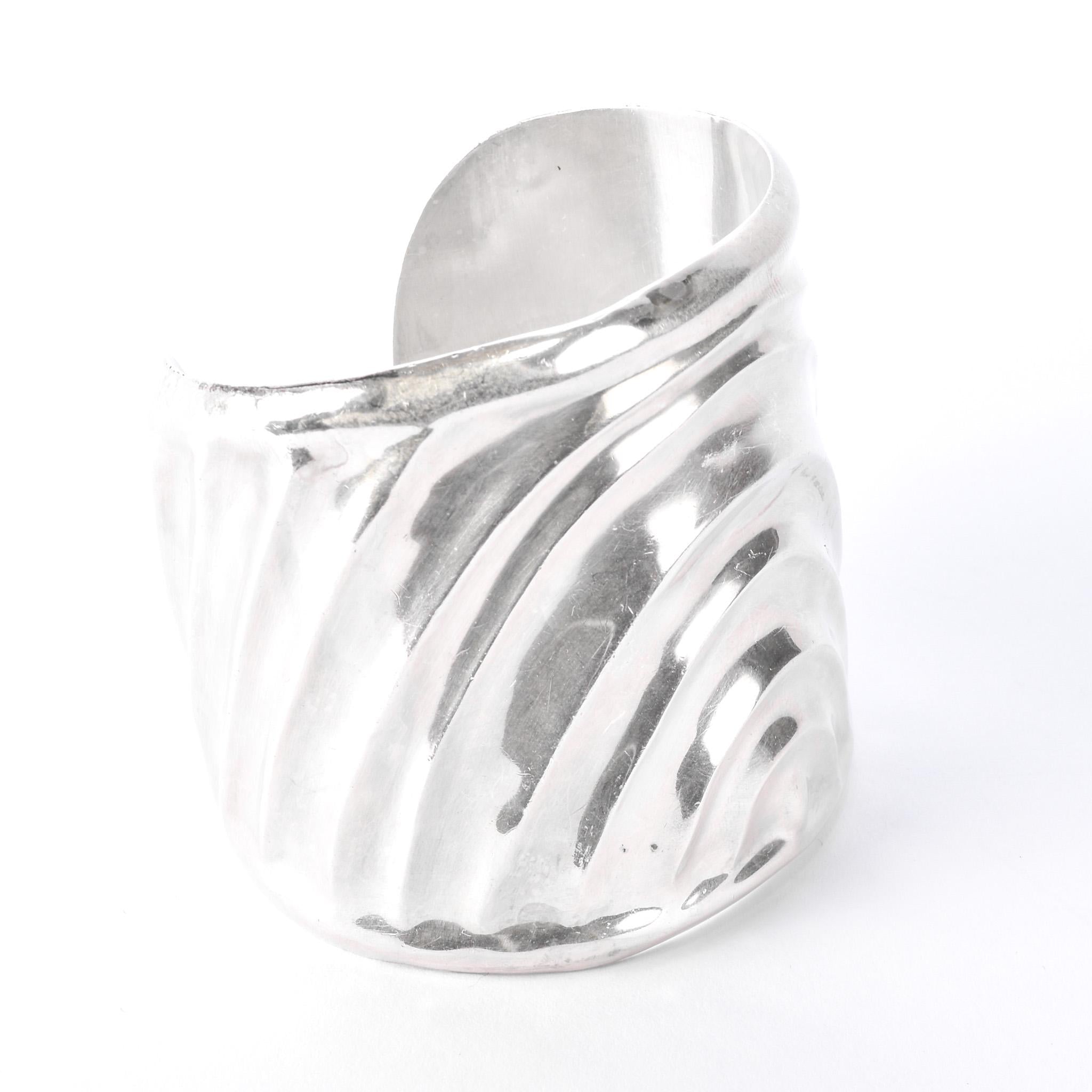 Signed Mexican Sterling Silver Wave Modernist Cuff Bracelet