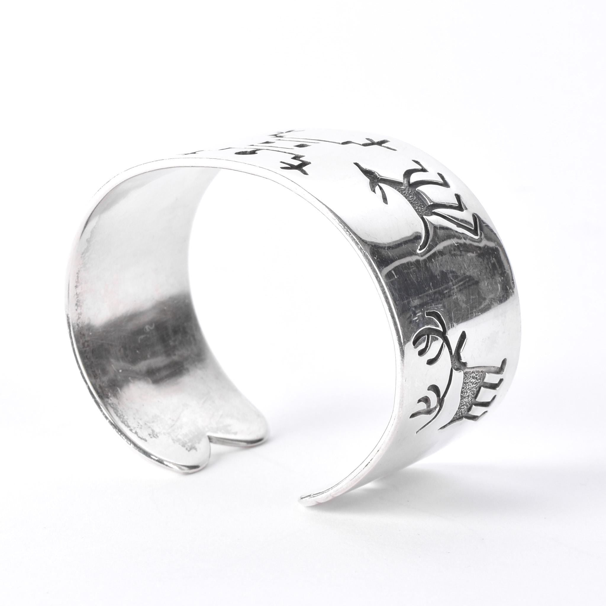 Signed Walt Doran Sterling Silver Petroglyph Storytelling Cuff Bracelet