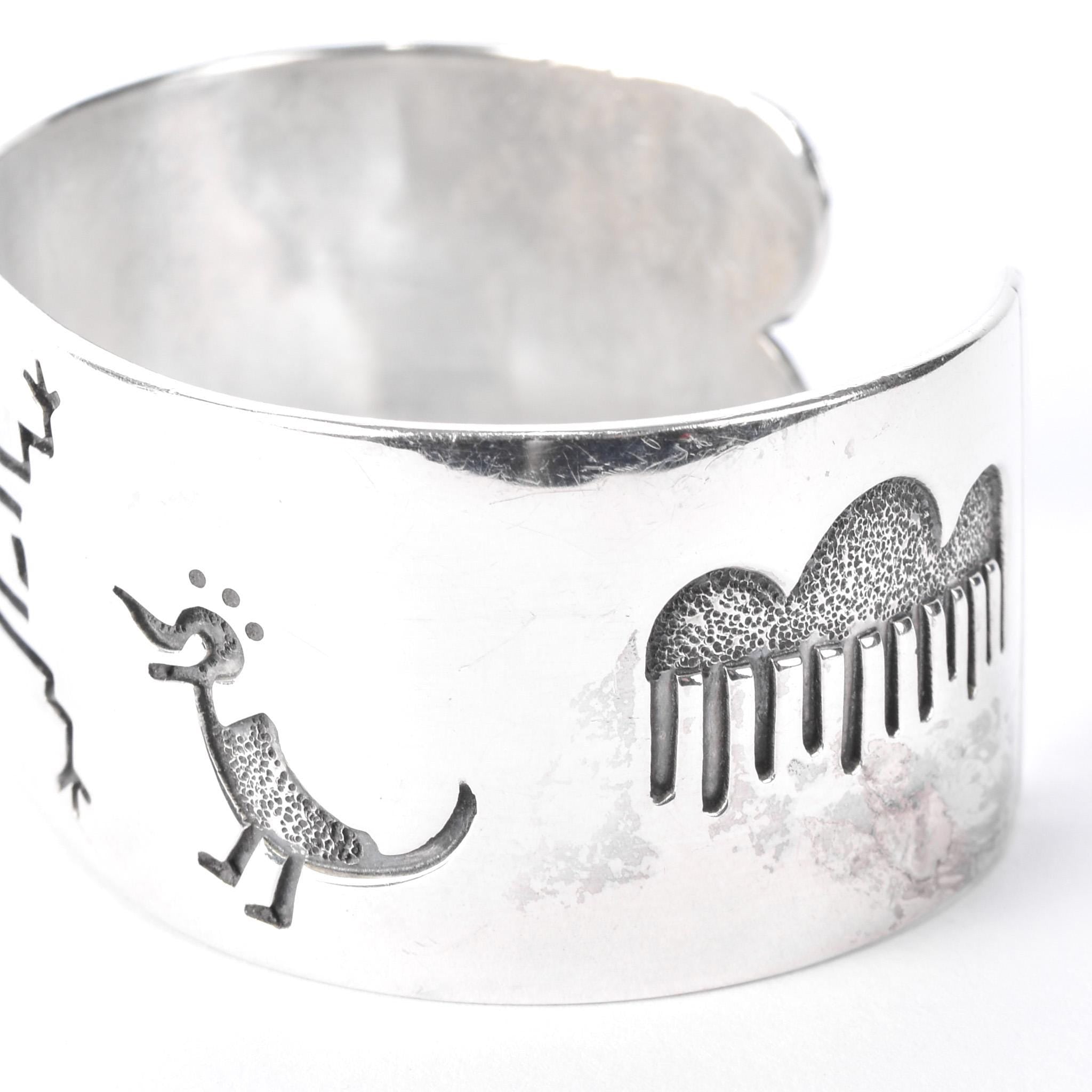 Signed Walt Doran Sterling Silver Petroglyph Storytelling Cuff Bracelet
