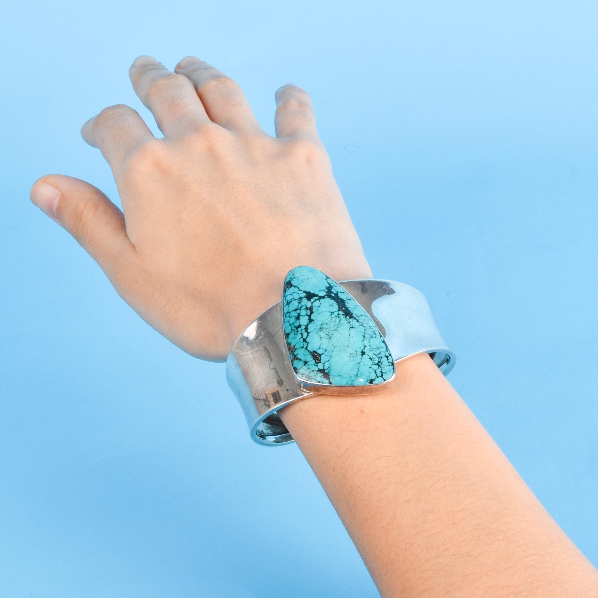 Navajo Sterling Silver Massive Solitaire Turquoise Cuff Bracelet