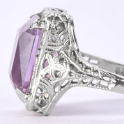 Art Deco 14K White Gold Filigree Amethyst Ring
