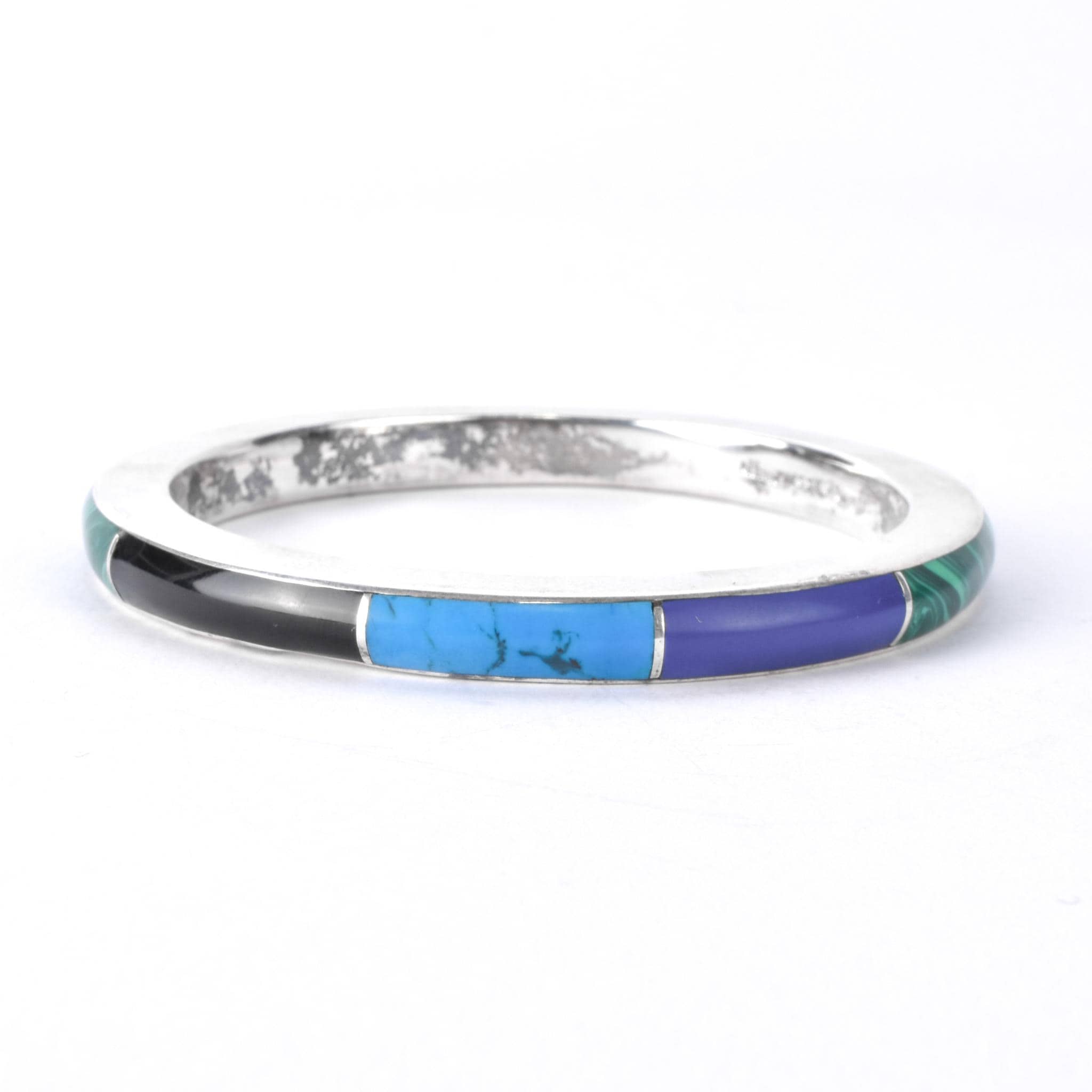 Taxco Sterling Silver Multi-Gemstone Inlay Bangle Bracelet