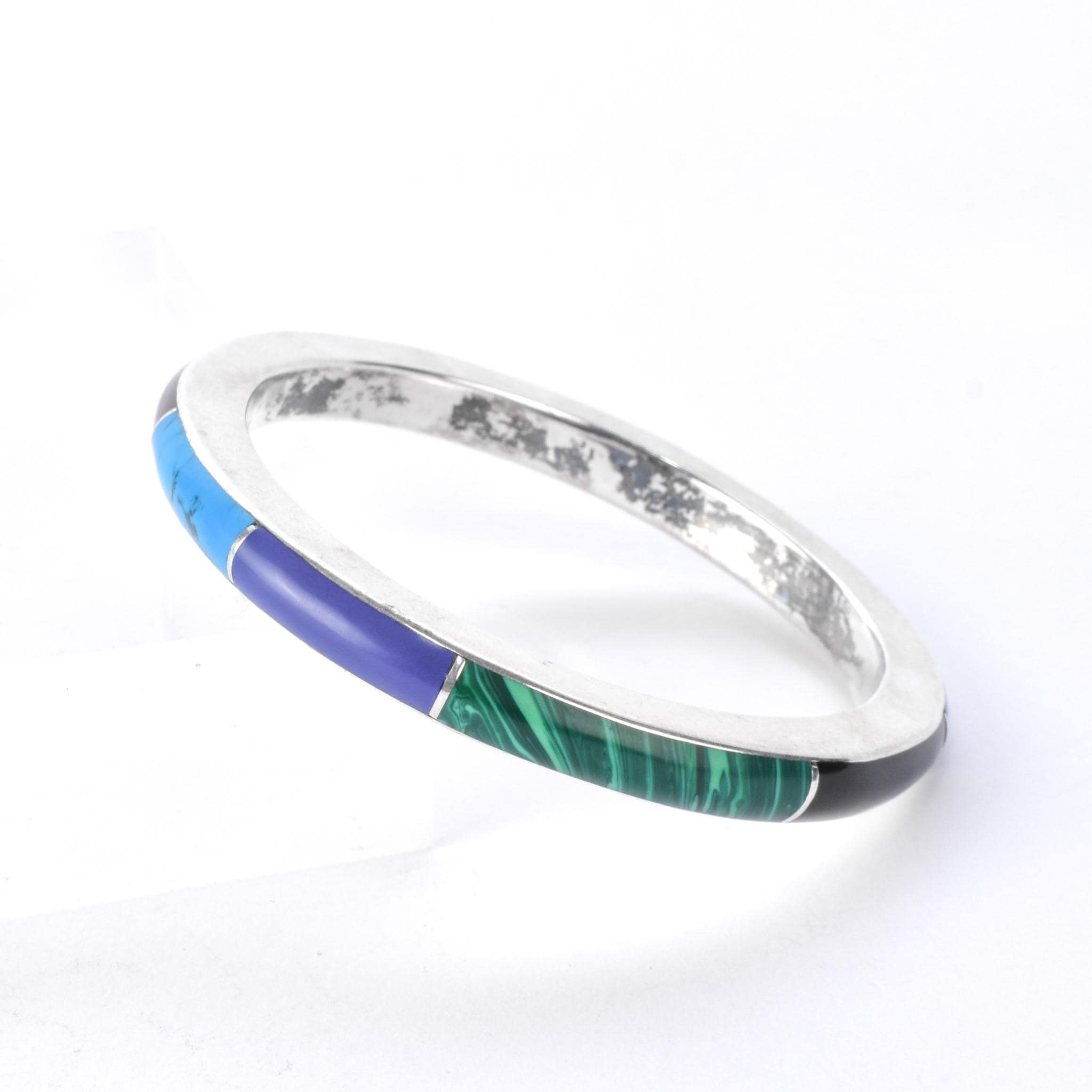 Taxco Sterling Silver Multi-Gemstone Inlay Bangle Bracelet