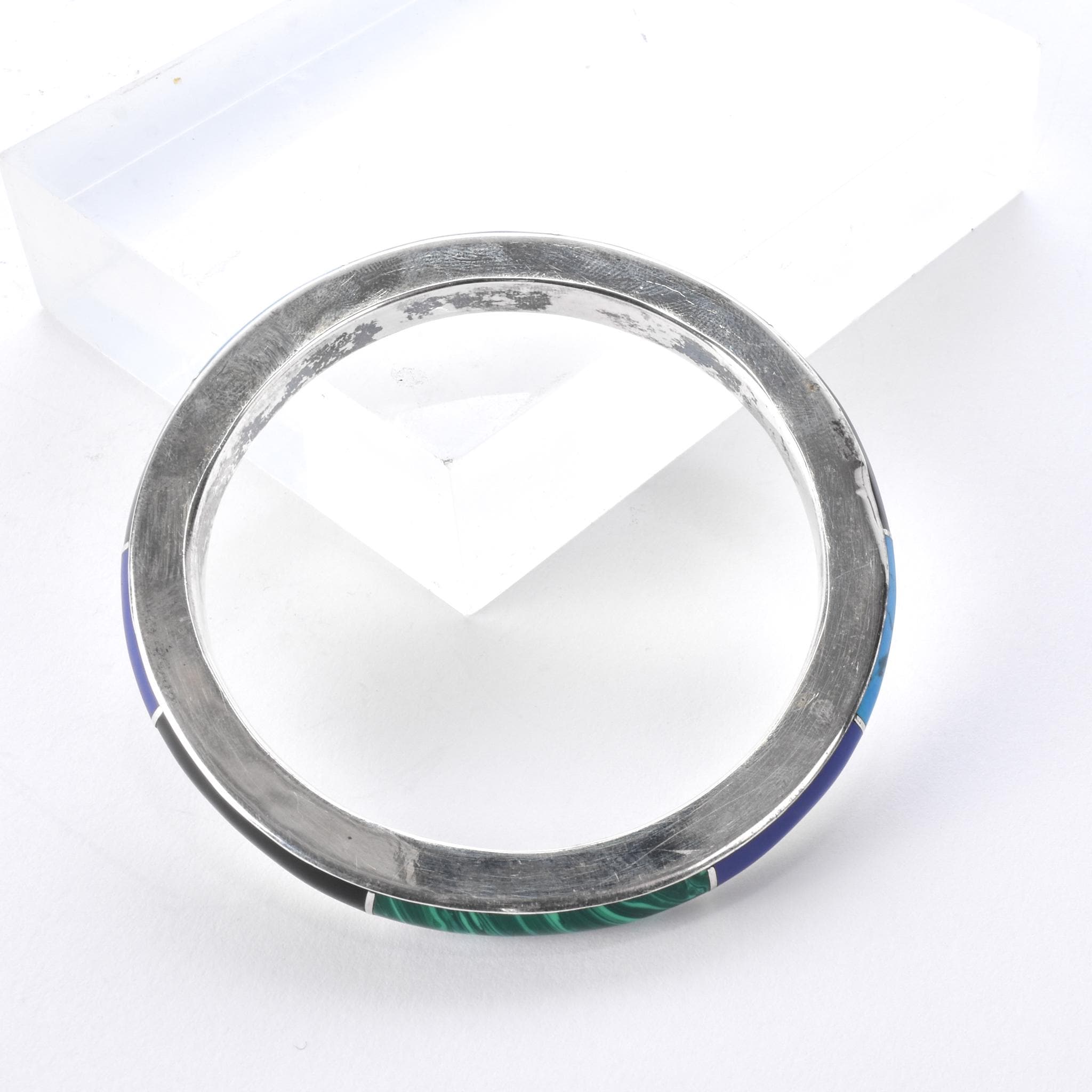 Taxco Sterling Silver Multi-Gemstone Inlay Bangle Bracelet