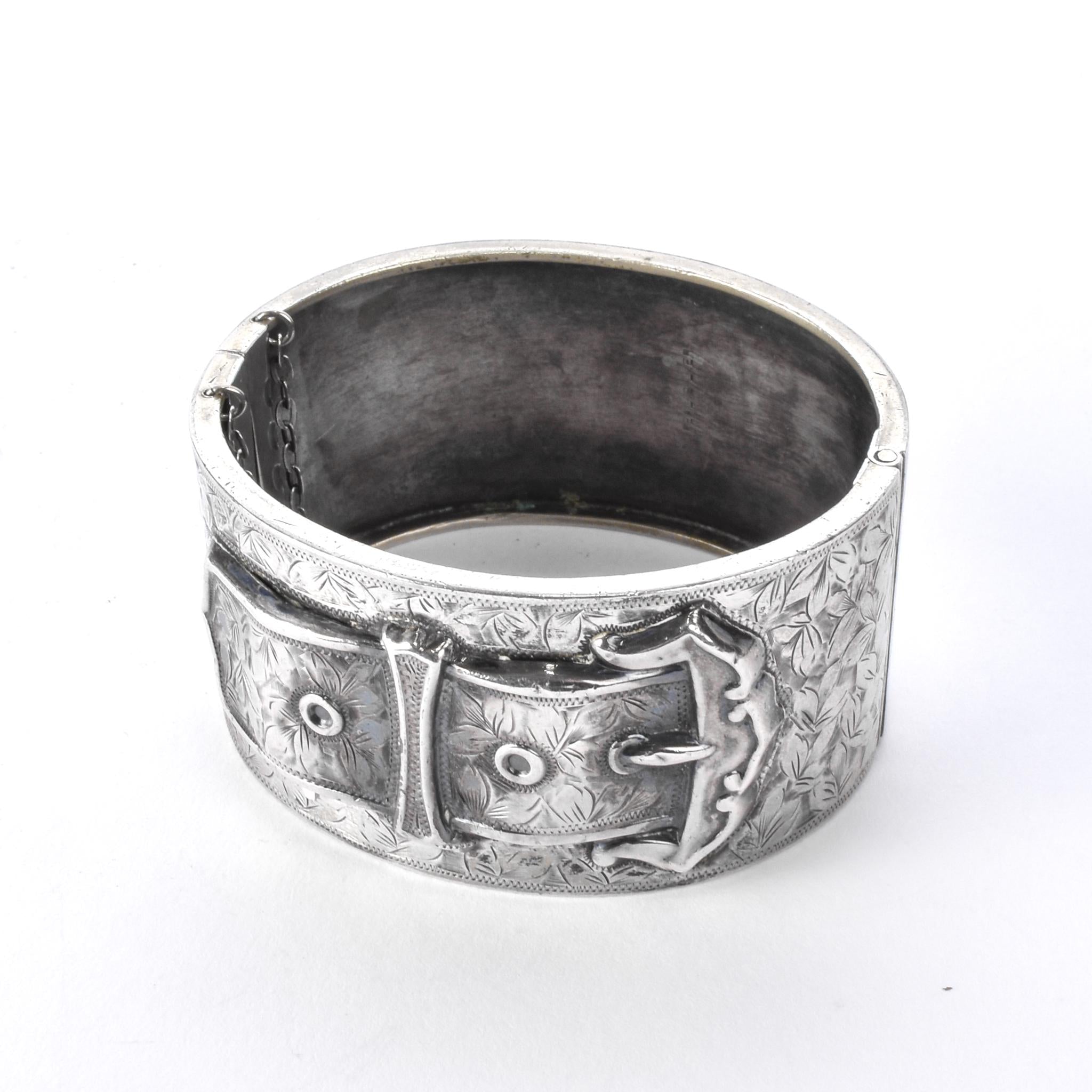 Antique English Silver Etched Hinged Belt-Buckle Bracelet