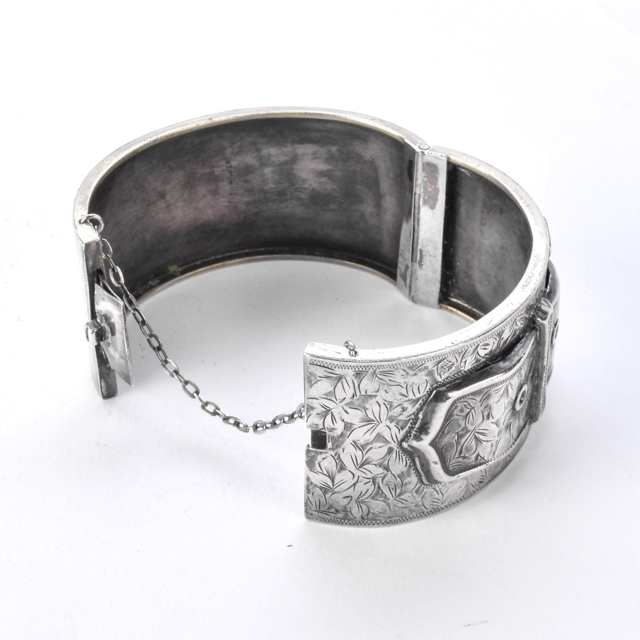 Antique English Silver Etched Hinged Belt-Buckle Bracelet