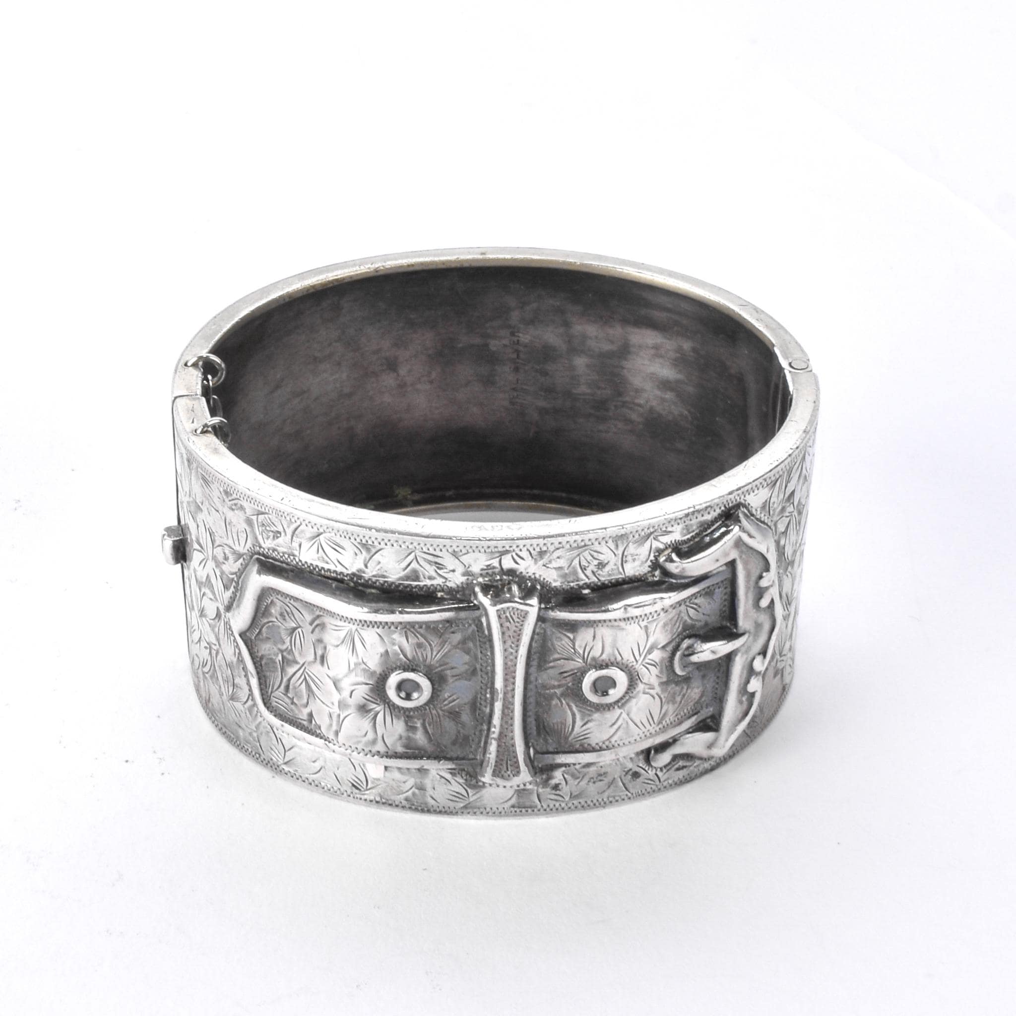 Antique English Silver Etched Hinged Belt-Buckle Bracelet