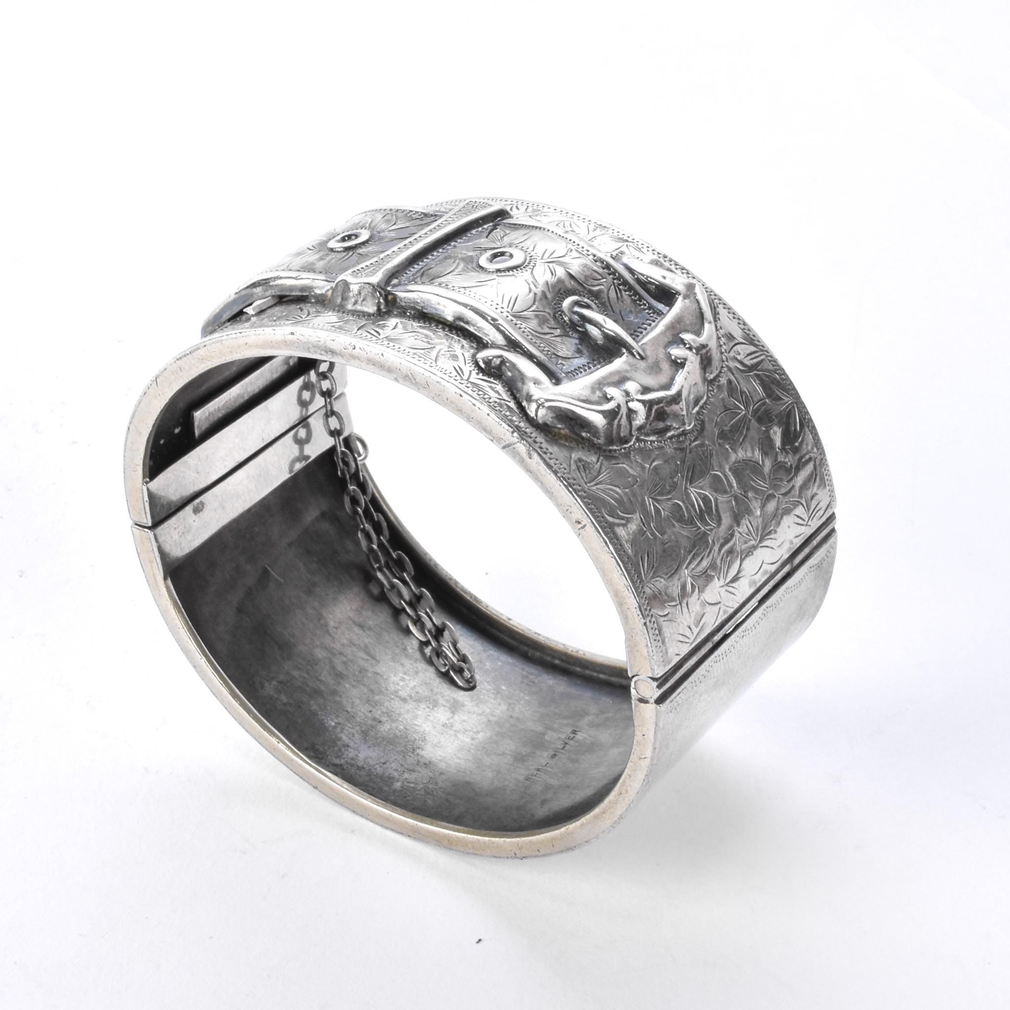 Antique English Silver Etched Hinged Belt-Buckle Bracelet
