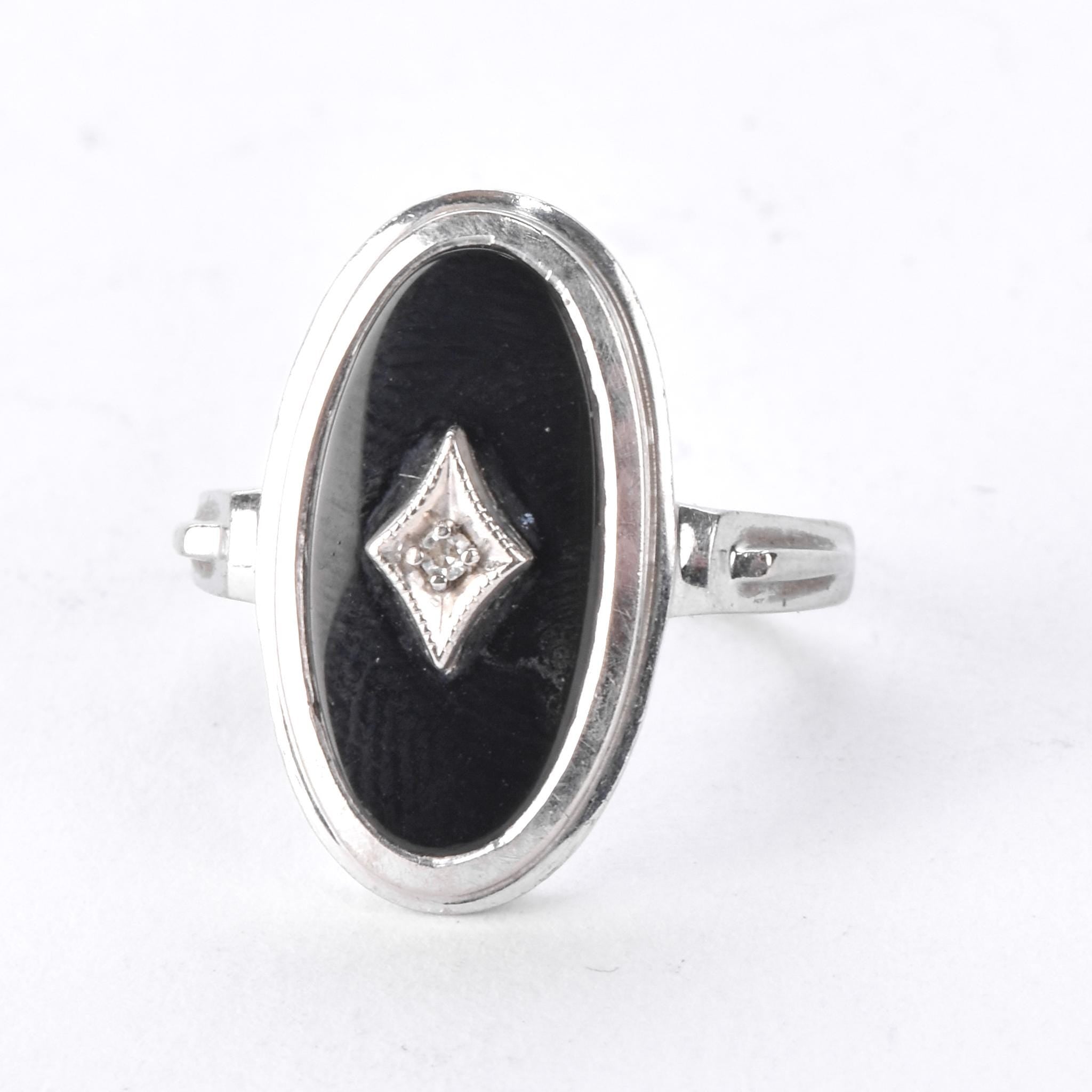 Art Deco 14K White Gold and Onyx Ring with Diamond