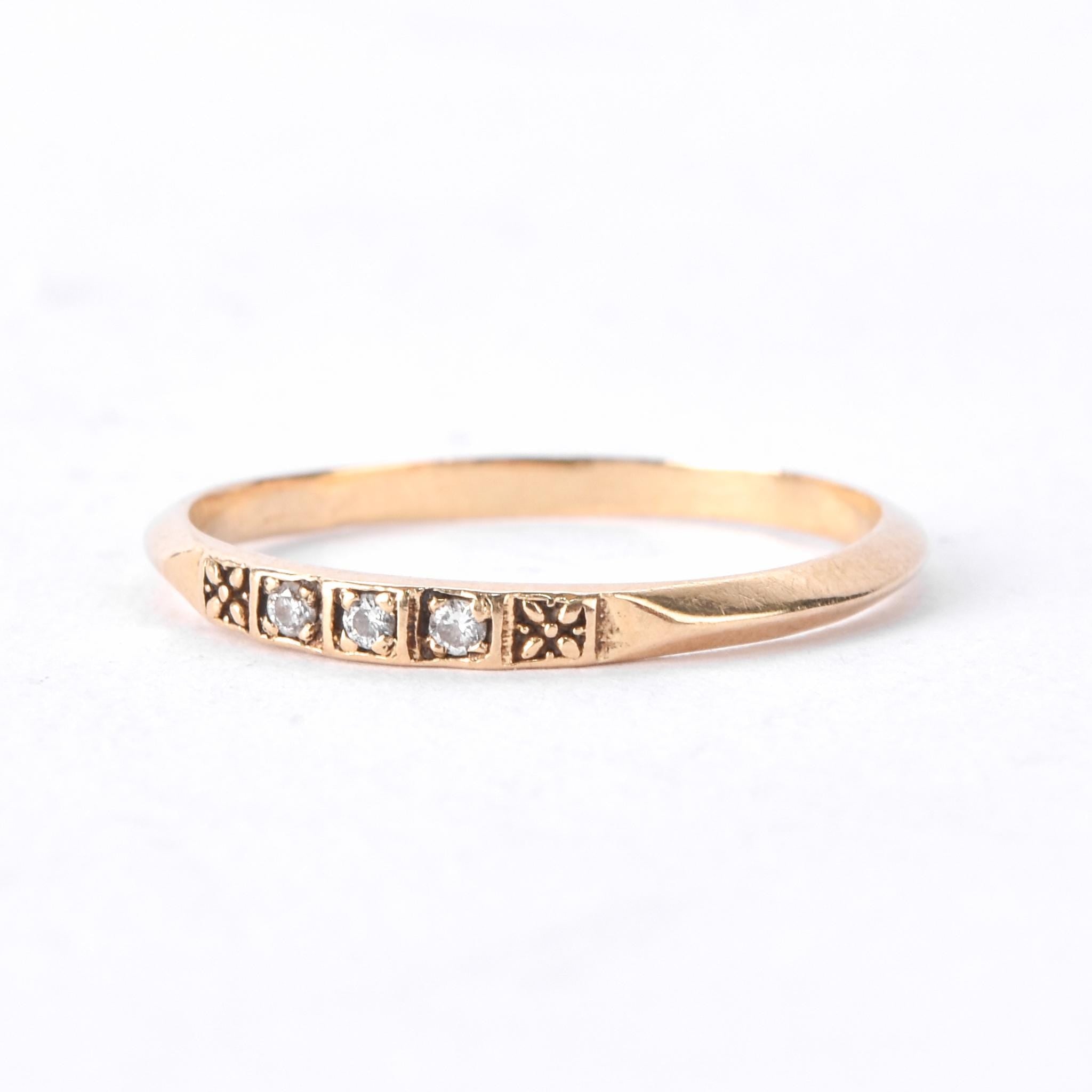 14K Gold Three Diamond Stacking Band with Carved Flowers