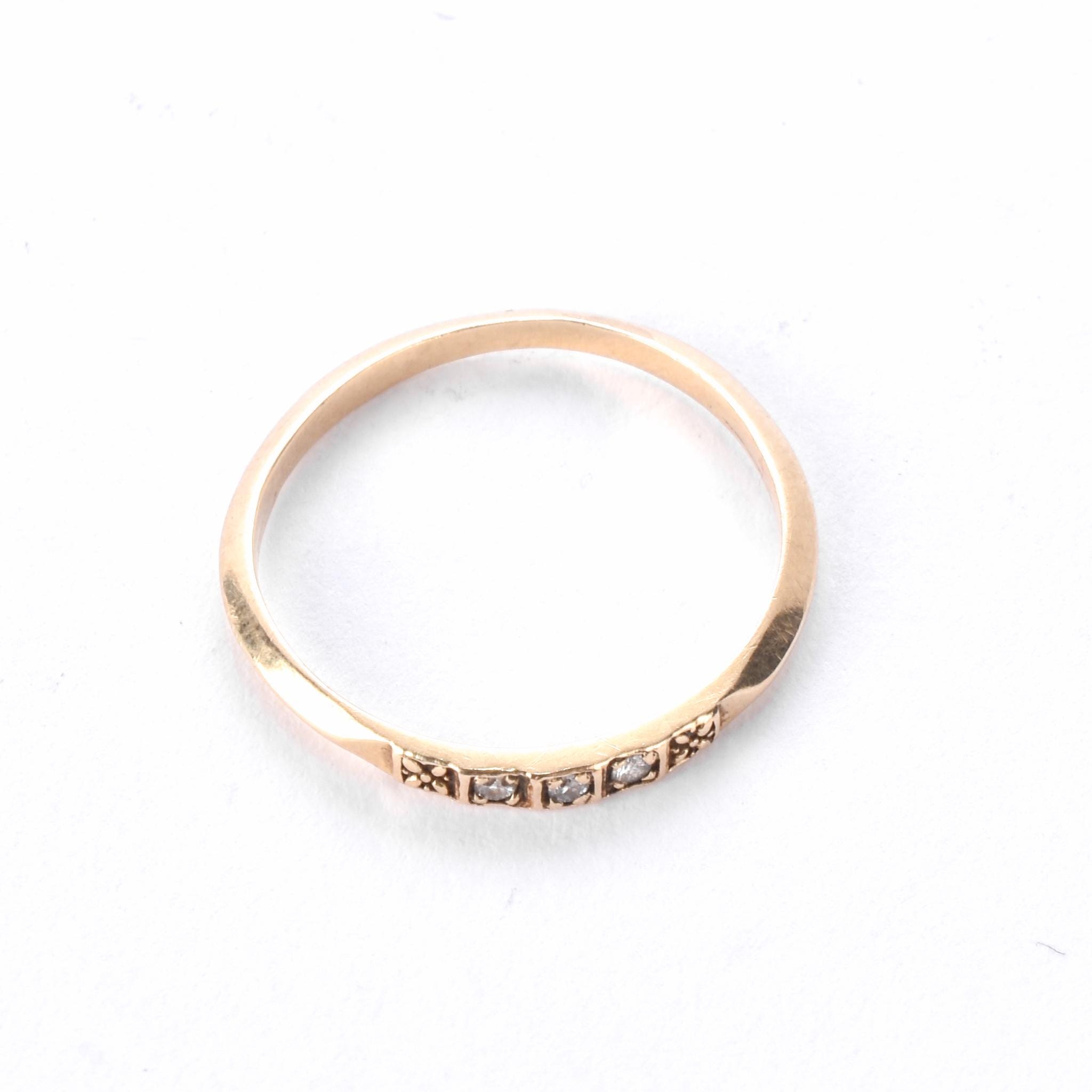 14K Gold Three Diamond Stacking Band with Carved Flowers