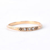 14K Gold Three Diamond Stacking Band with Carved Flowers