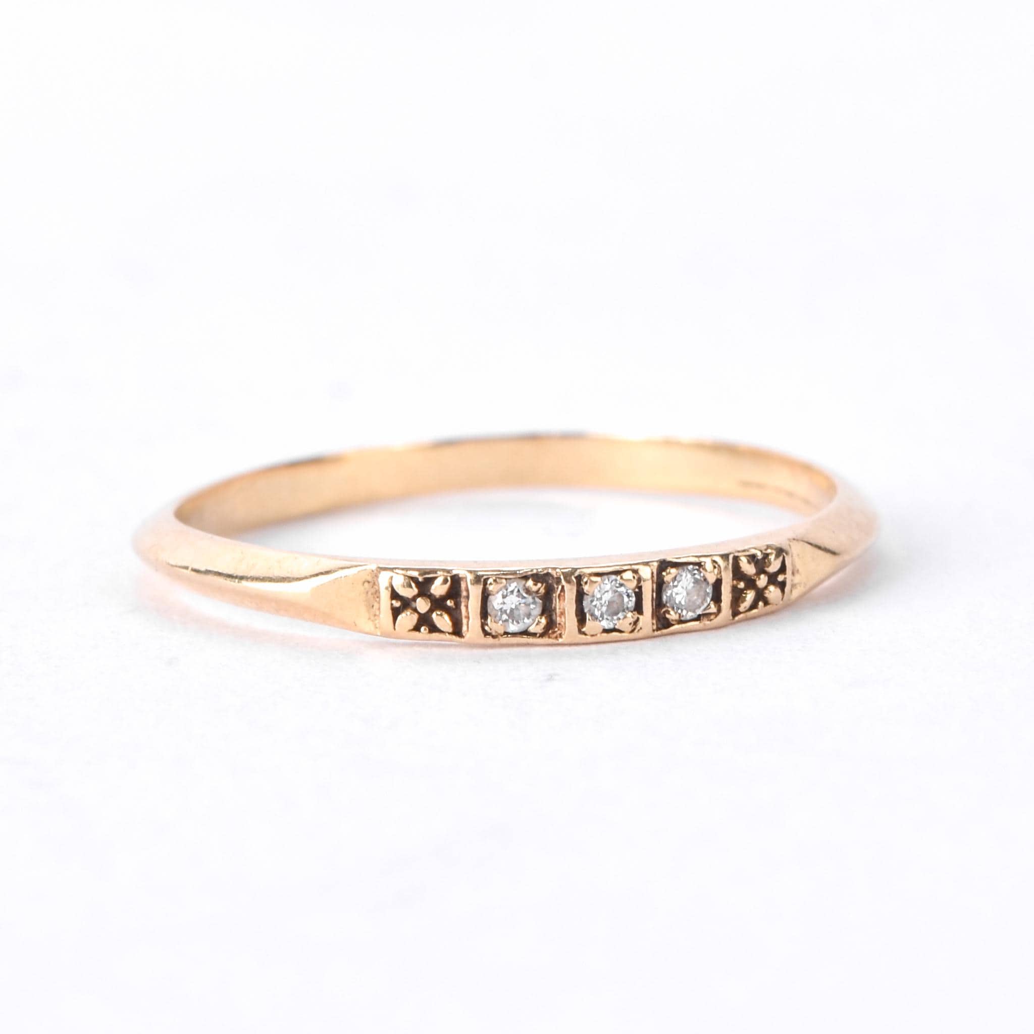 14K Gold Three Diamond Stacking Band with Carved Flowers