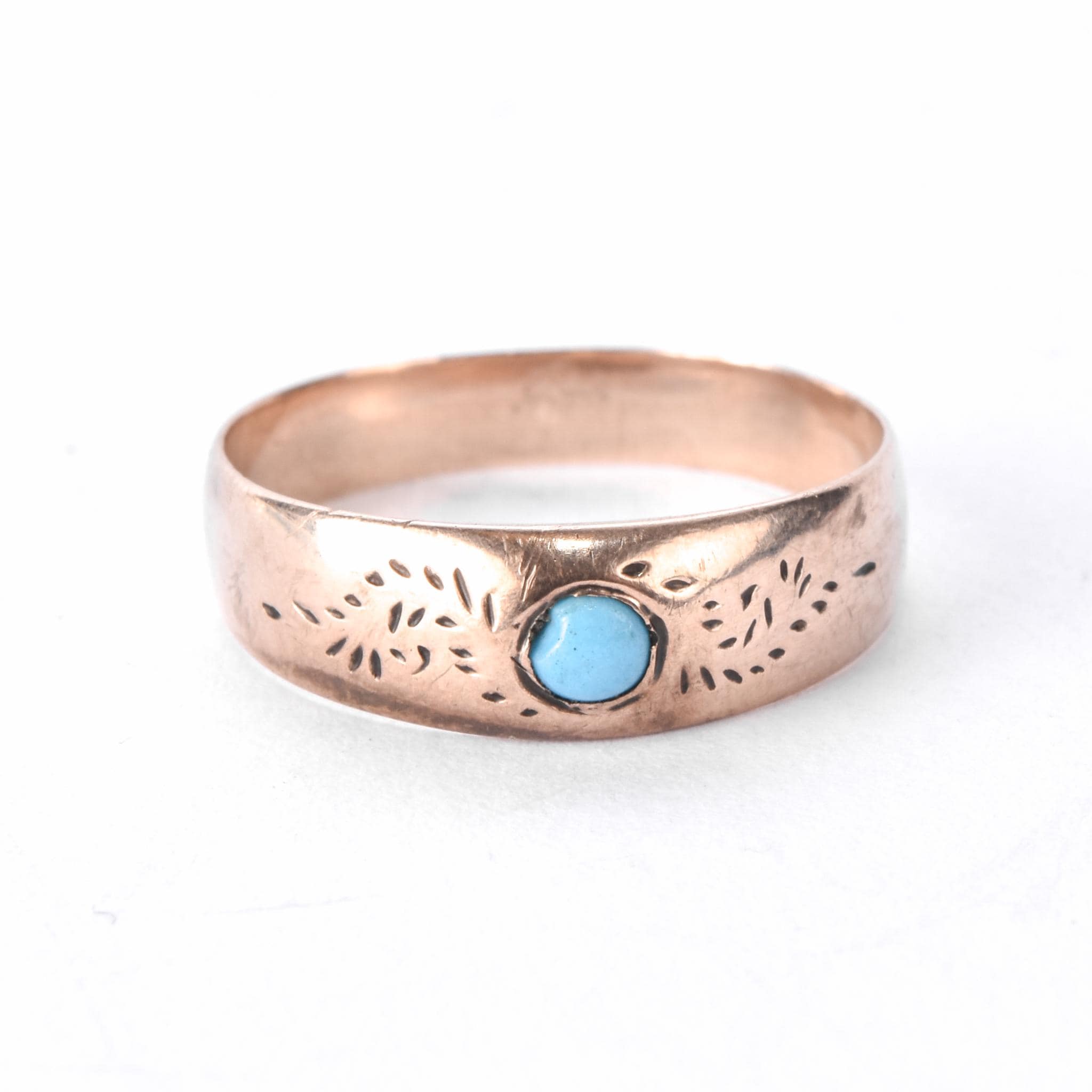 9K Rose Gold Carved Band with Solitaire Turquoise