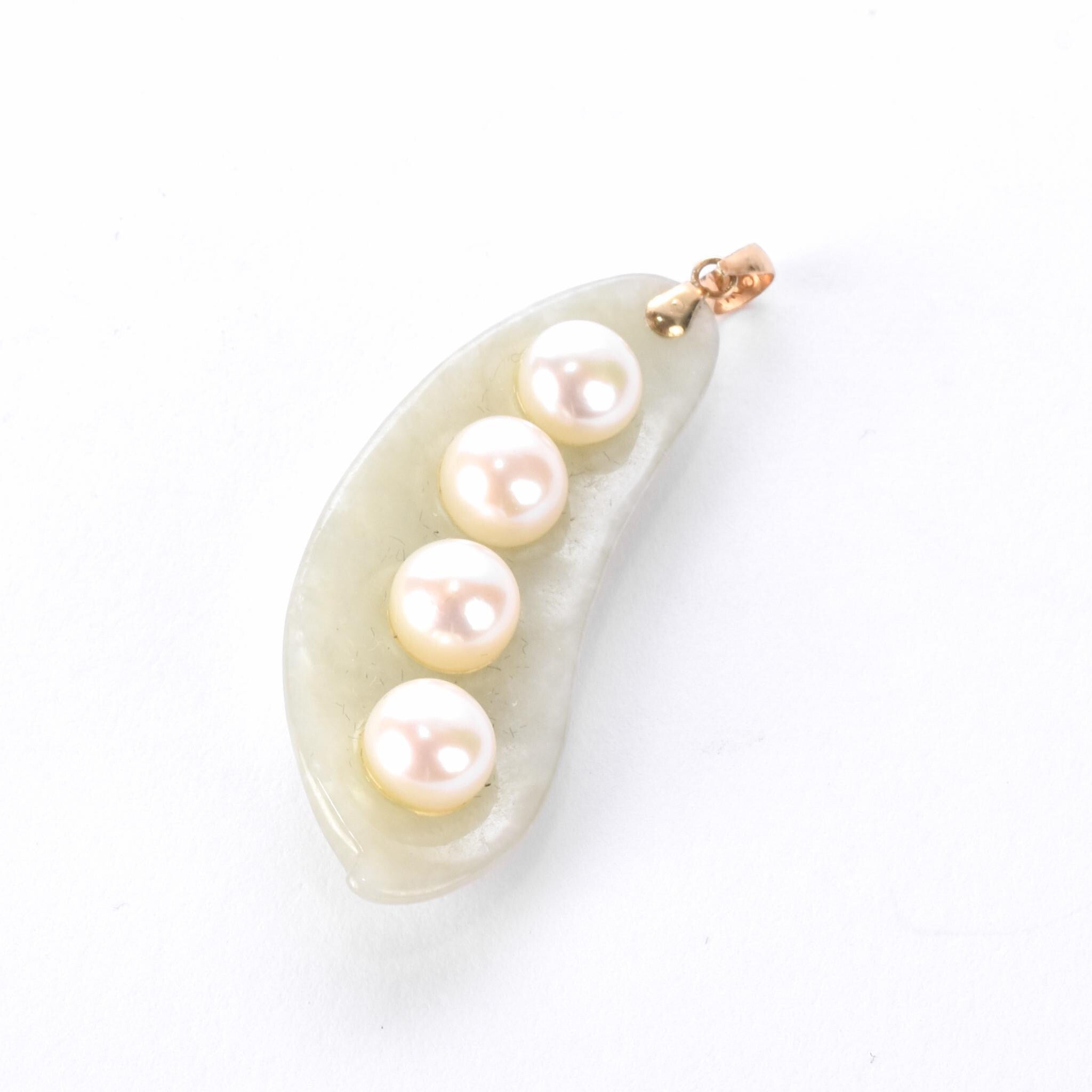 Jade and Pearl Peapod Pendant with 14K Gold Bail