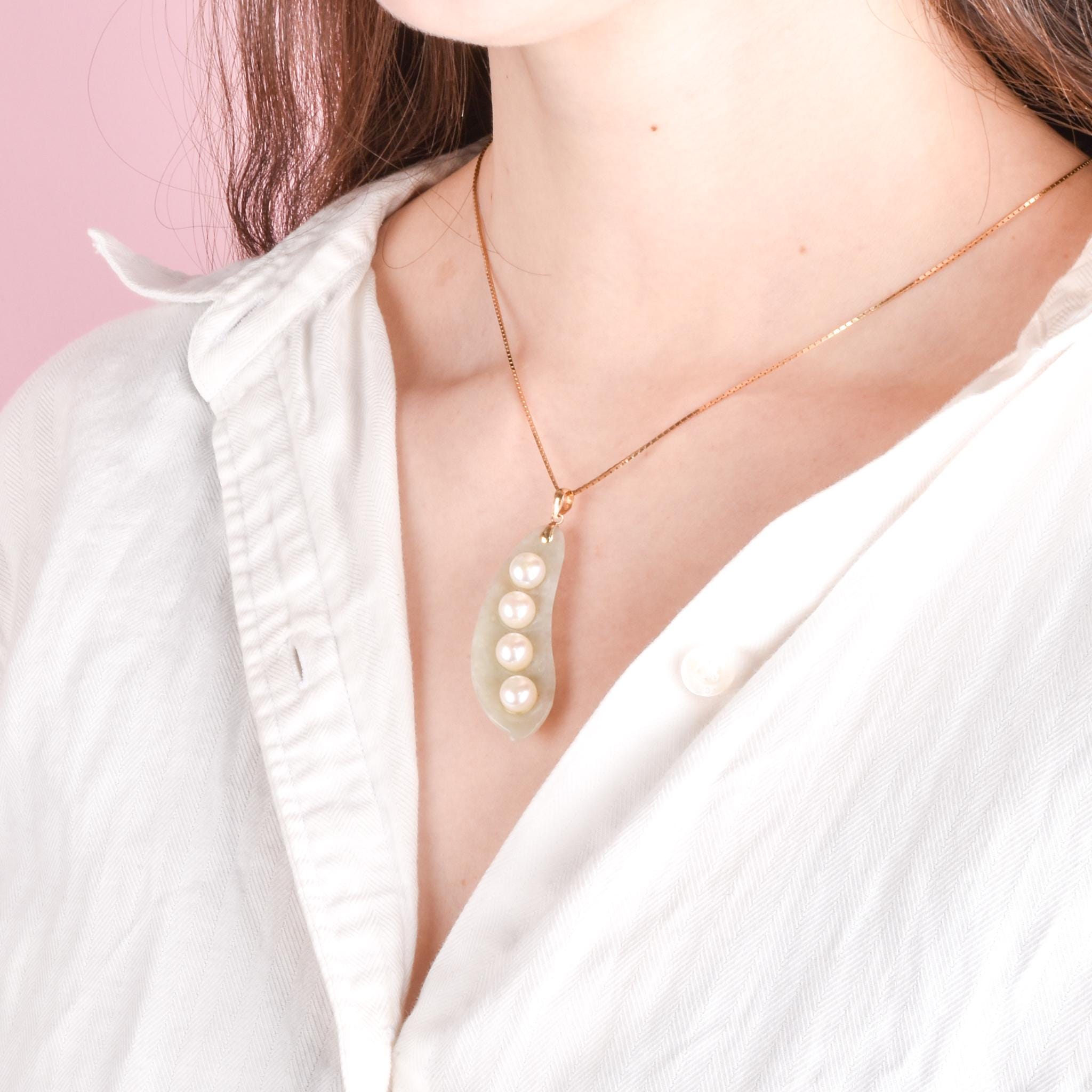 Jade and Pearl Peapod Pendant with 14K Gold Bail