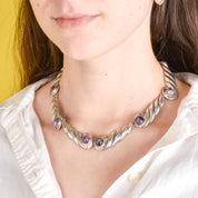 Sterling Silver and Amethyst Swirl-Link Collar Necklace