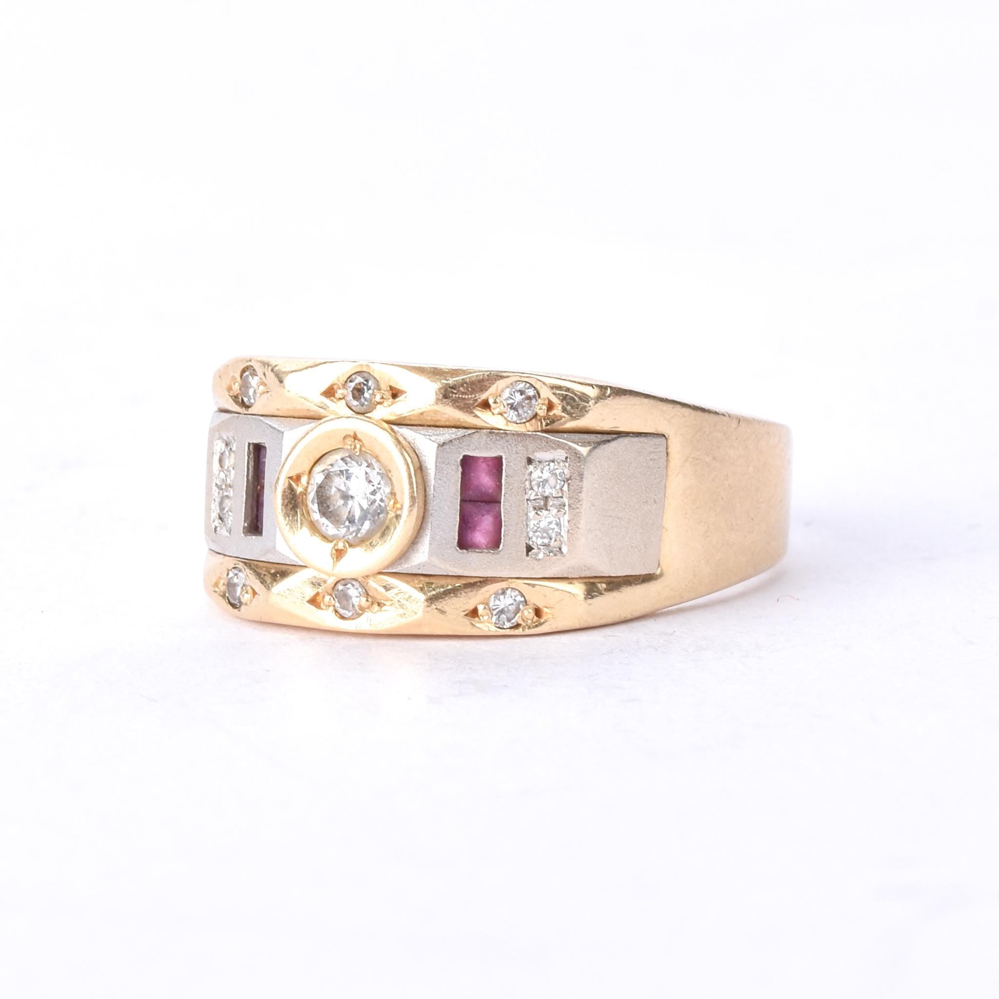14K Two-Tone Gold Men's Statement Ring with Ruby and Cubic Zirconia