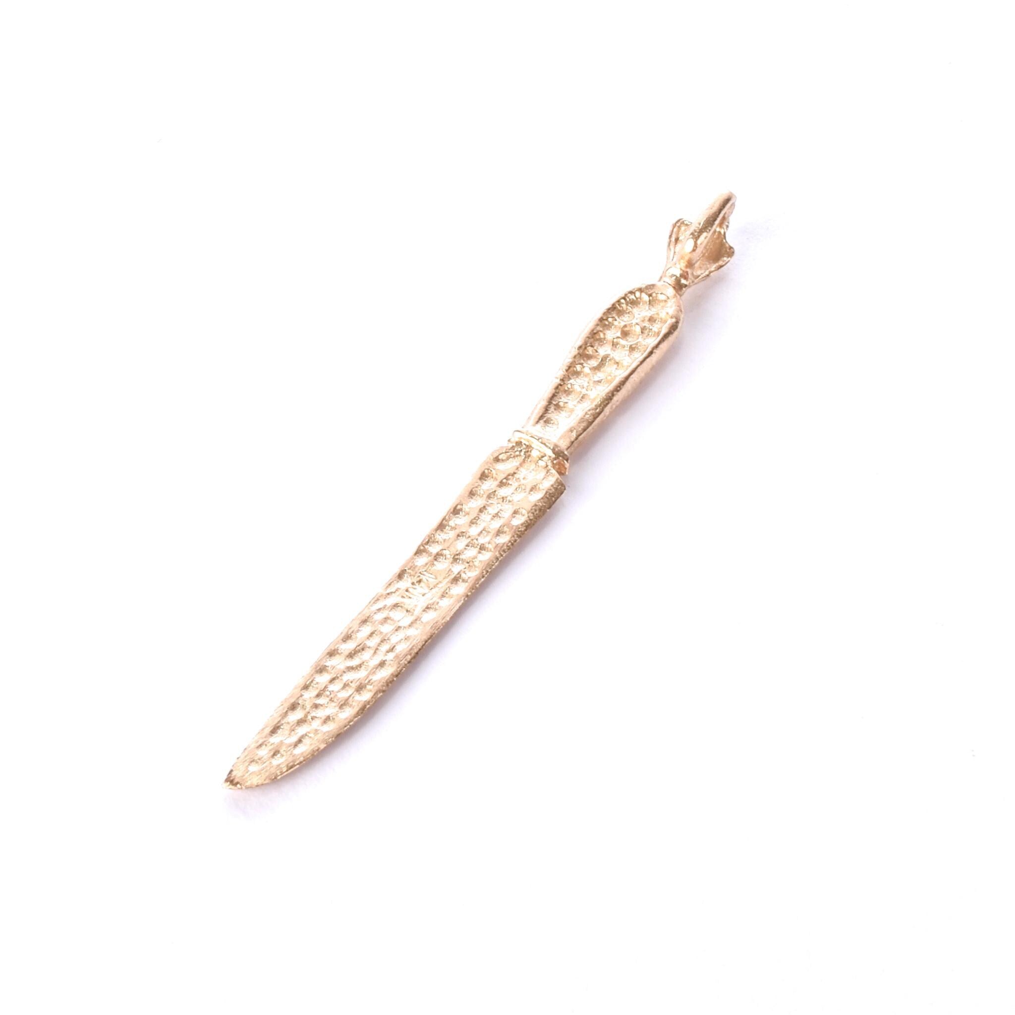 14K Gold Etched Knife Pendant