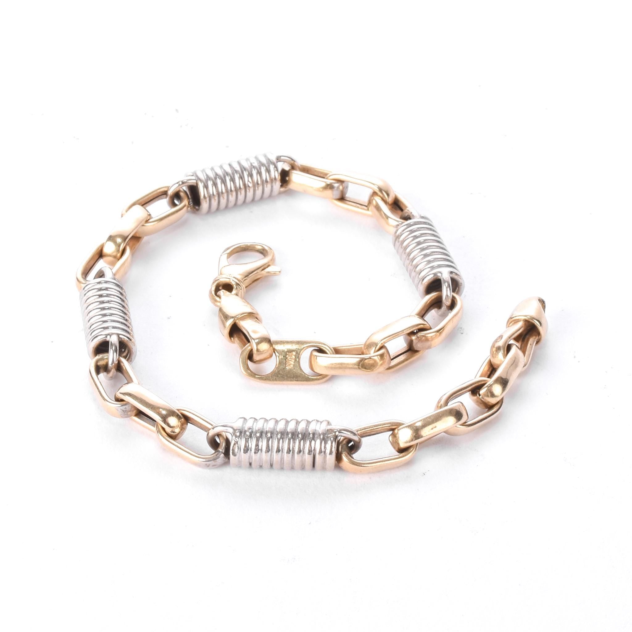 10K Two-Tone Gold Paperclip and Barrel Spring Link Bracelet