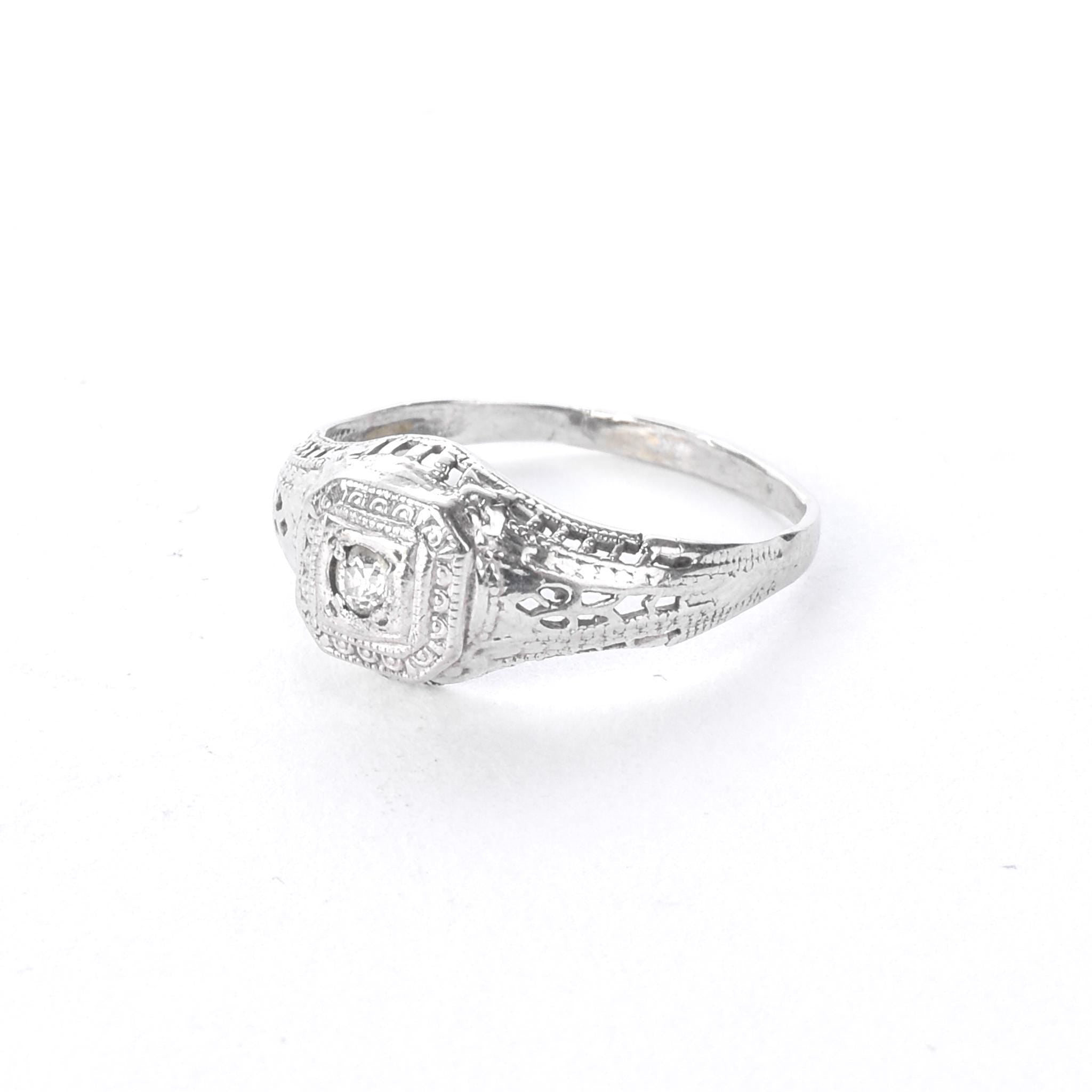 Art Deco 14K White Gold Filigree Diamond Engagement Ring