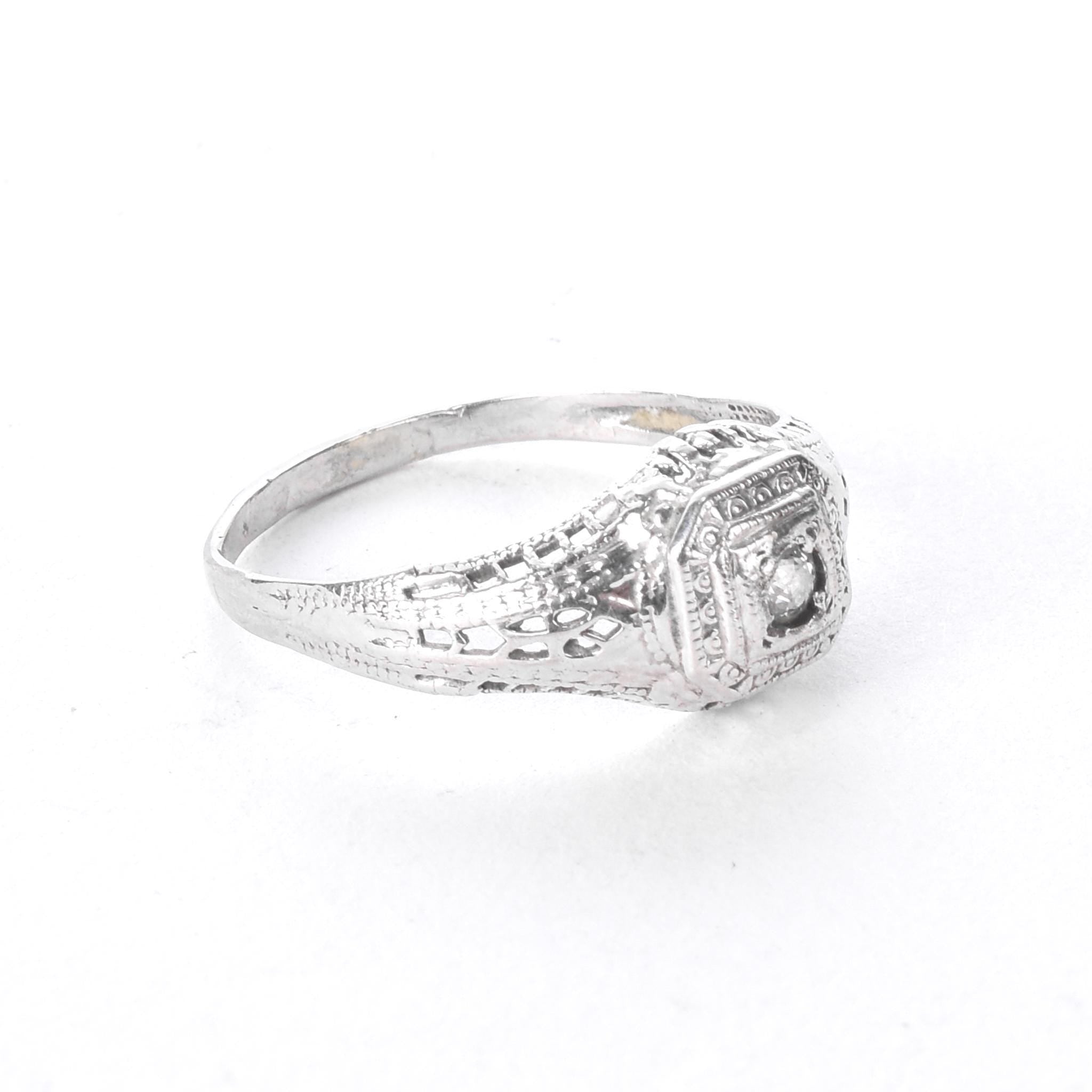 Art Deco 14K White Gold Filigree Diamond Engagement Ring