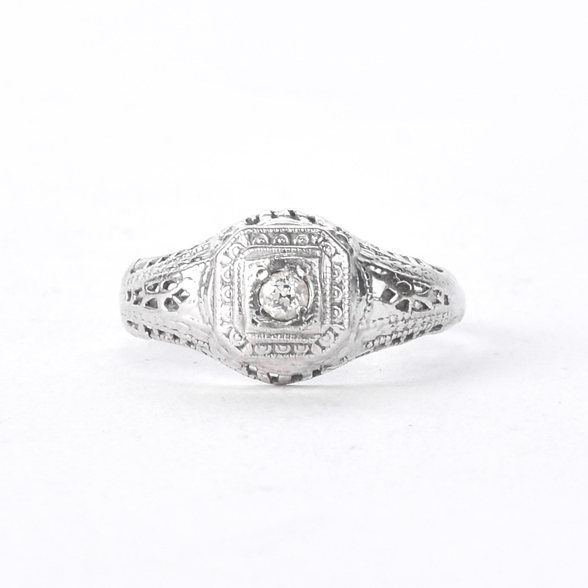 Art Deco 14K White Gold Filigree Diamond Engagement Ring
