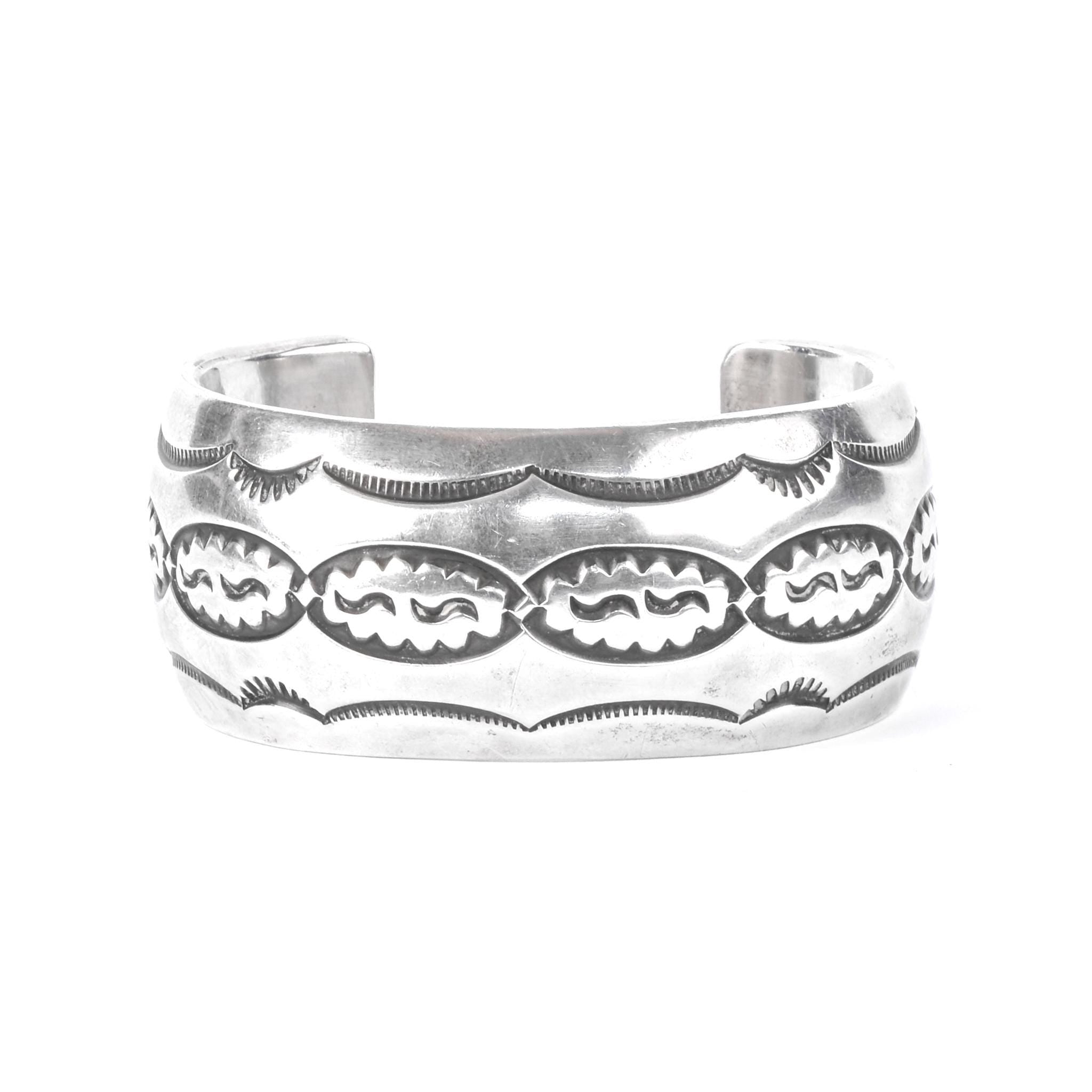 Signed Navajo Sterling Silver Stamped Cuff Bracelet