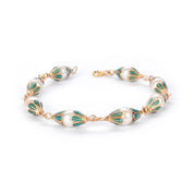 18K Gold & Green Enamel Petal Cupped Pearl Link Bracelet
