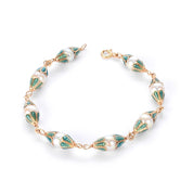 18K Gold & Green Enamel Petal Cupped Pearl Link Bracelet